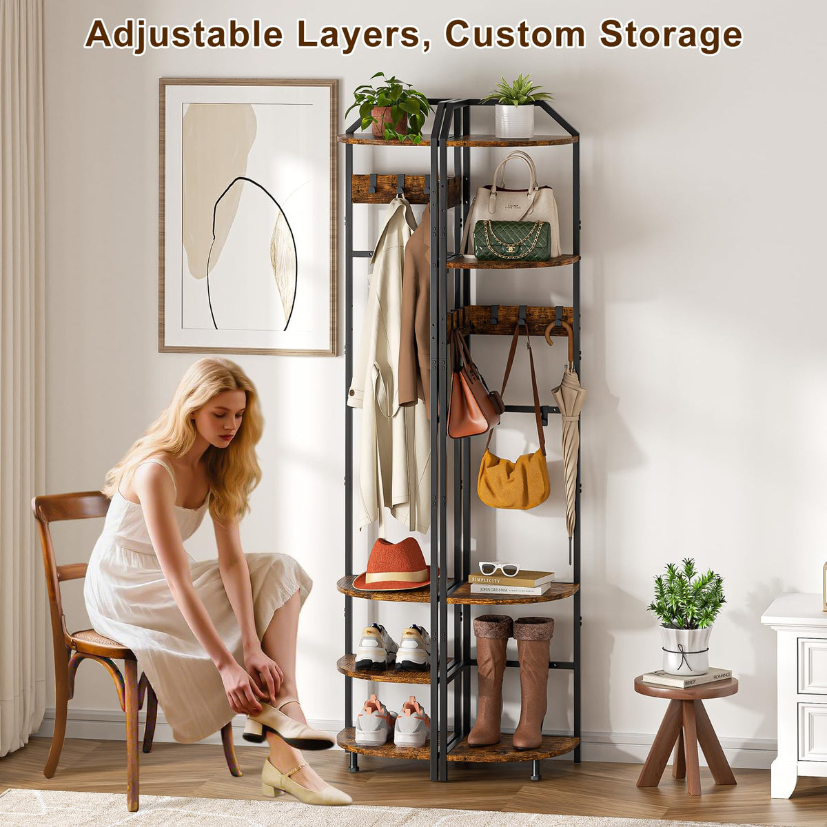 Corner Coat Rack with Adjustable Shelves