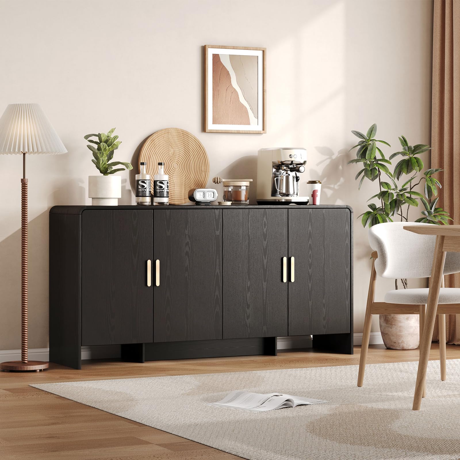 60" Sideboard Buffet Cabinet, Large Curved Design Storage Cabinet with 4 Doors & 2 Adjustable Shelves, Sturdy Build, Easy Assembly, Bar Console Fit for Dining Room/Living Room/Kitchen, Black