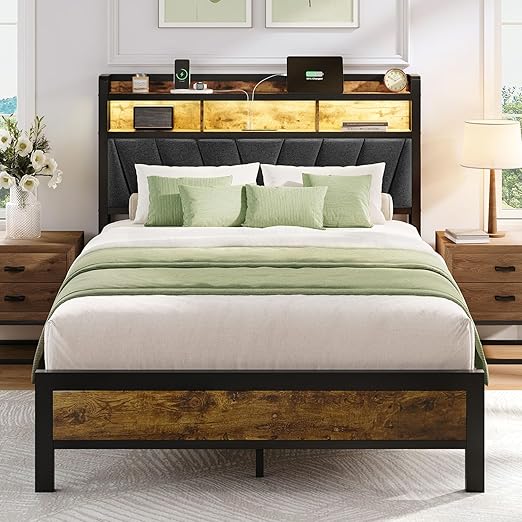 Platform Bed Frame with Storage Headboard, RGB LED Lights & Charging Station