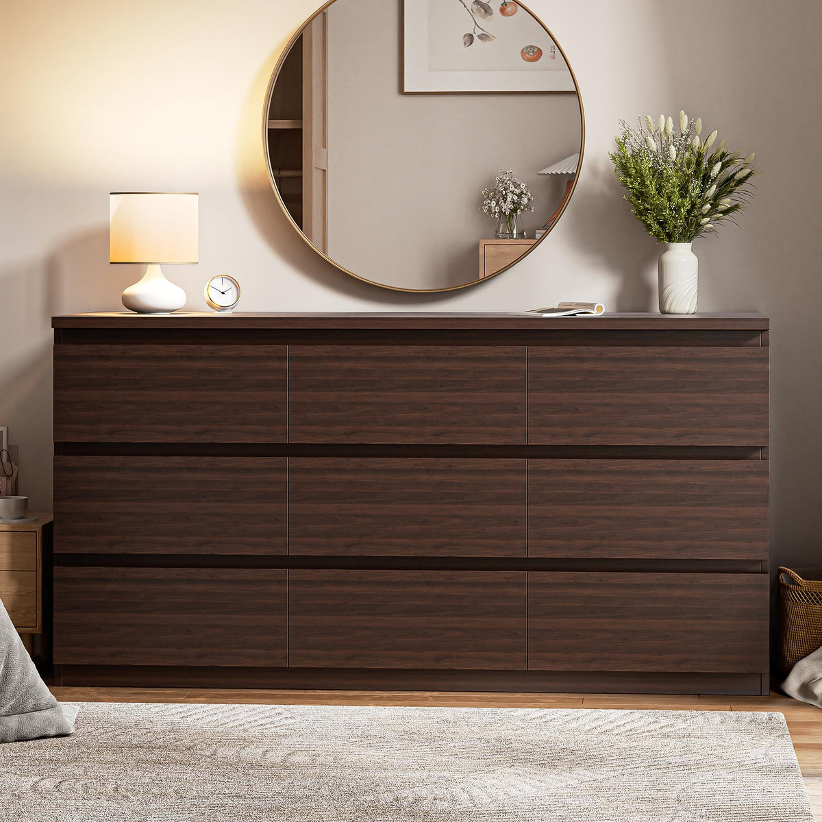 Jocoevol Modern 9 Drawer Dresser for Bedroom, Simply Chest of Drawers, Wood Storage Dresser with Deep Drawers for Living Room Hallway Entryway (Brown)