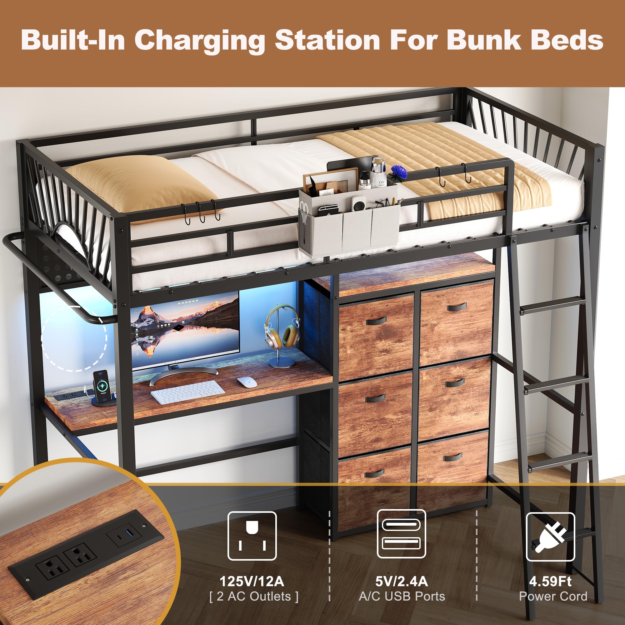 Twin Metal Loft Bed with Desk