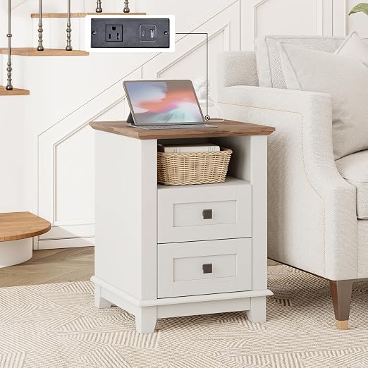 Farmhouse Nightstand Set of 2 with Charging Station