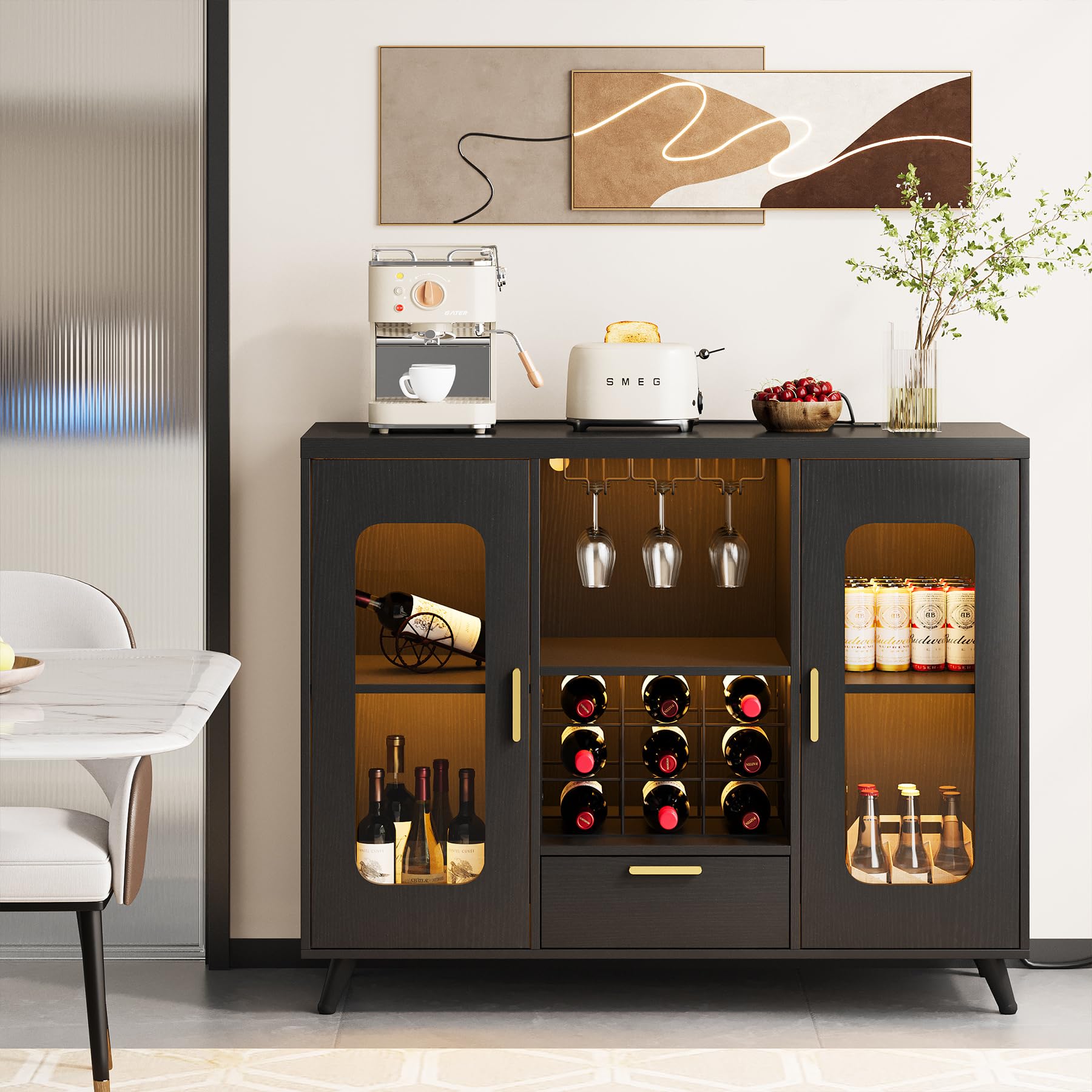 Condemo Bar Cabinet with Power Outlets, Modern Coffee Bar Sideboard with LED Light, Farmhouse Liquor Cabinet with Wine Rack, Glass Holder & Wine Storage, Black
