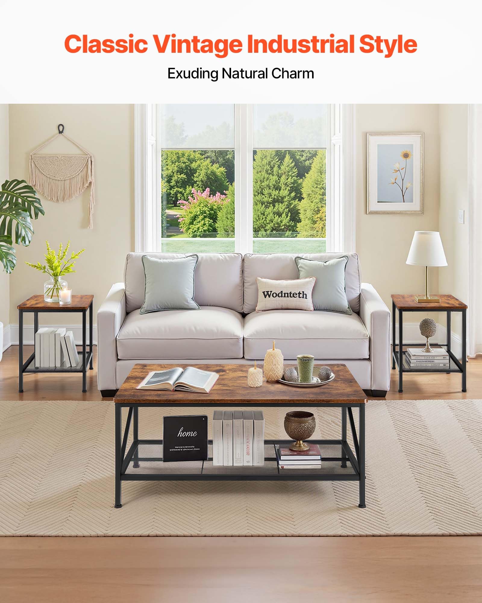 3-Piece Living Room Coffee & End Table Set with Metal Legs