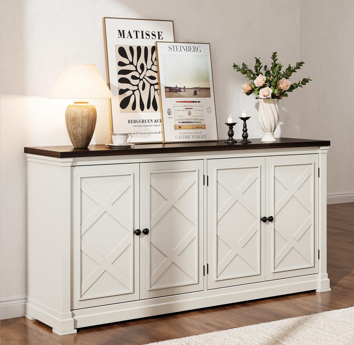 ONBRILL 63 Inch Buffet Cabinet with Storage, 4 Barn Doors, Off White