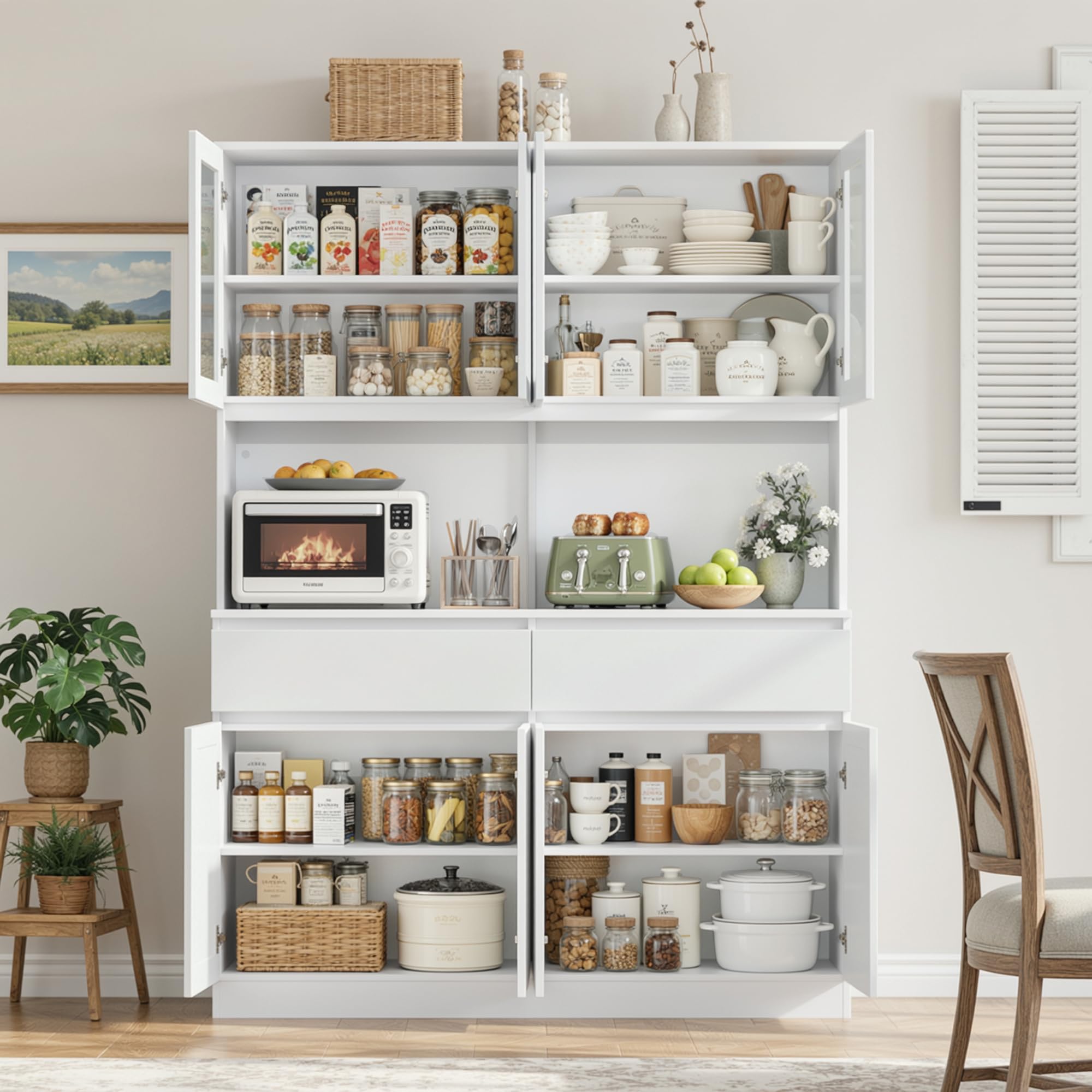 Kitchen Pantry Storage Cabinet with Glass Doors