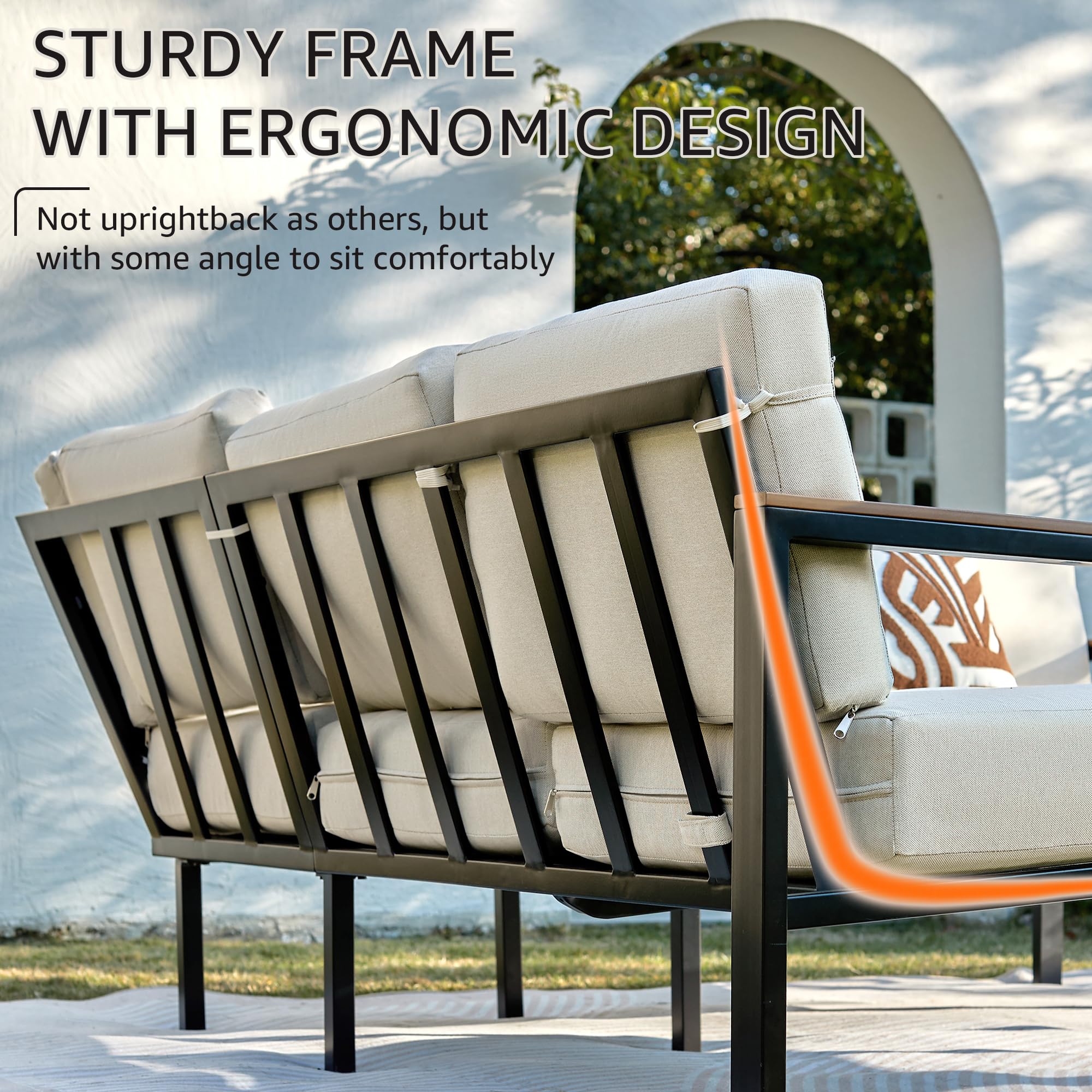 6-Piece L-Shaped Patio Sectional Set with Faux Wood Armrests & Cushions