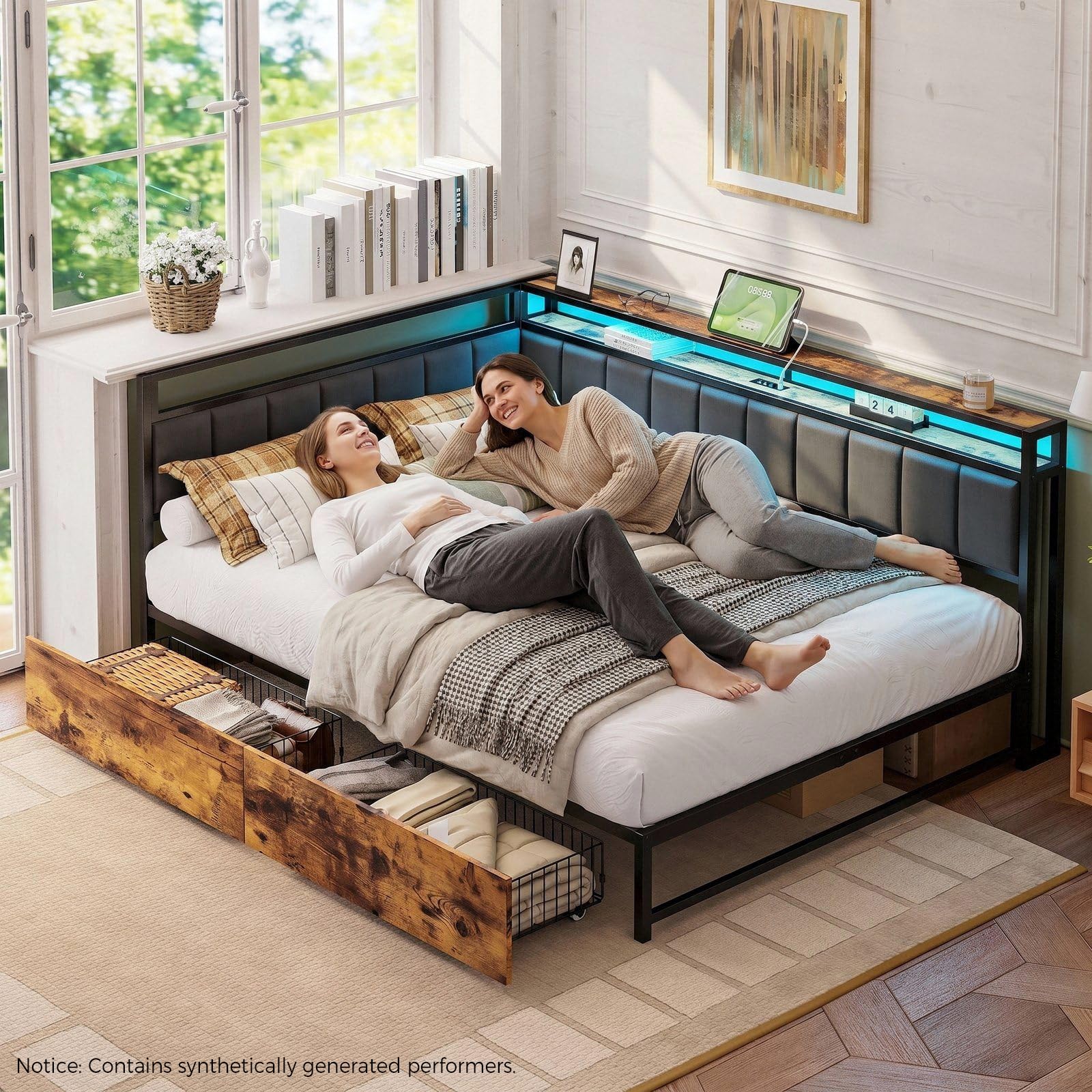 LIKIMIO Corner Bed Frame Full Daybed with Storage Drawers, Metal Platform Bed Frame with LED Light, Charging Station & Fabric Upholstered Fence, Black