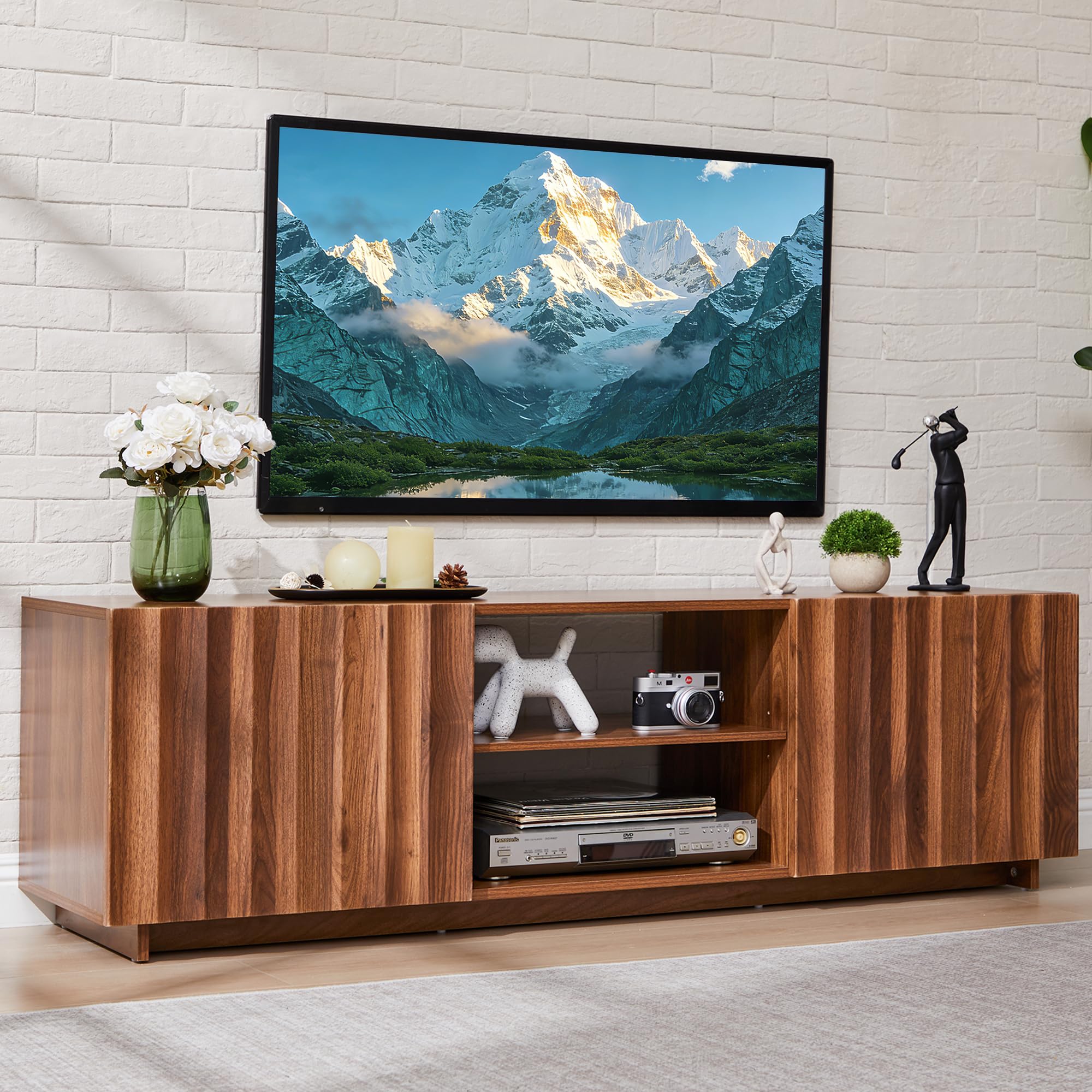 Bifins 61 inch TV Stand for Televisions up to 65 Inches, Mid Century Modern Fluted Entertainment Center TV Console Table with Storage and Adjustable Shelve for Living Room Bedroom (Walnut)