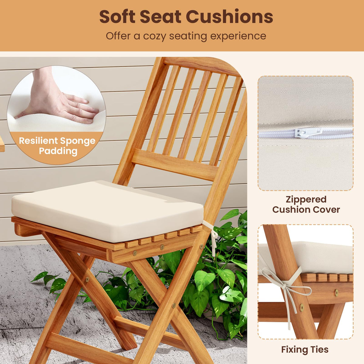KOTEK Outdoor Folding Bistro Set, 3 Pieces Acacia Wood Bistro Set with Soft Cushions, Patio Bistro Table and Chairs for Backyard, Porch, Poolside (Vertical Slats)