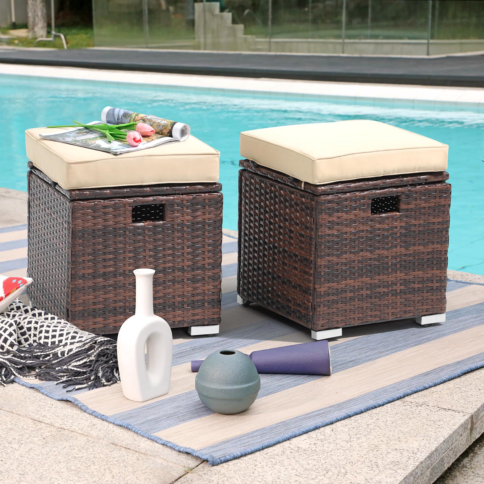 Outdoor Rattan Storage Ottoman Set of 2
