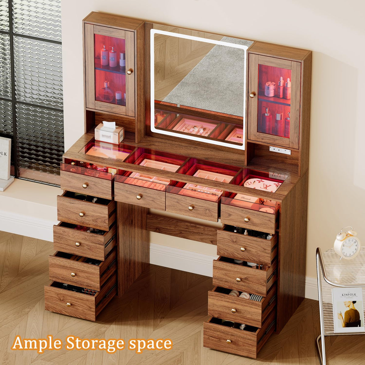 Chrangmay 47" Big Modern Vanity Desk with Mirror and Lights,Makeup Vanity Desk with 12 Drawers and Two PGB Storage cabinets & Power Outlet, Dressing Table with Glass Top, Walnut
