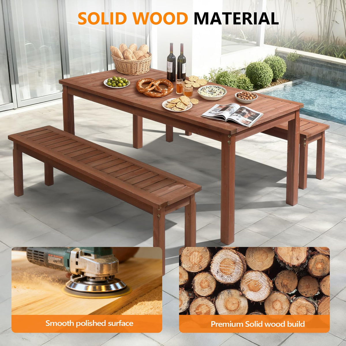 VINGLI 69-inch Large Outdoor Wood Dining Table for Patio, Solid Wood Patio Table Waterproof Wooden Table for Garden, Backyard, Deck - Durable Yard Furniture