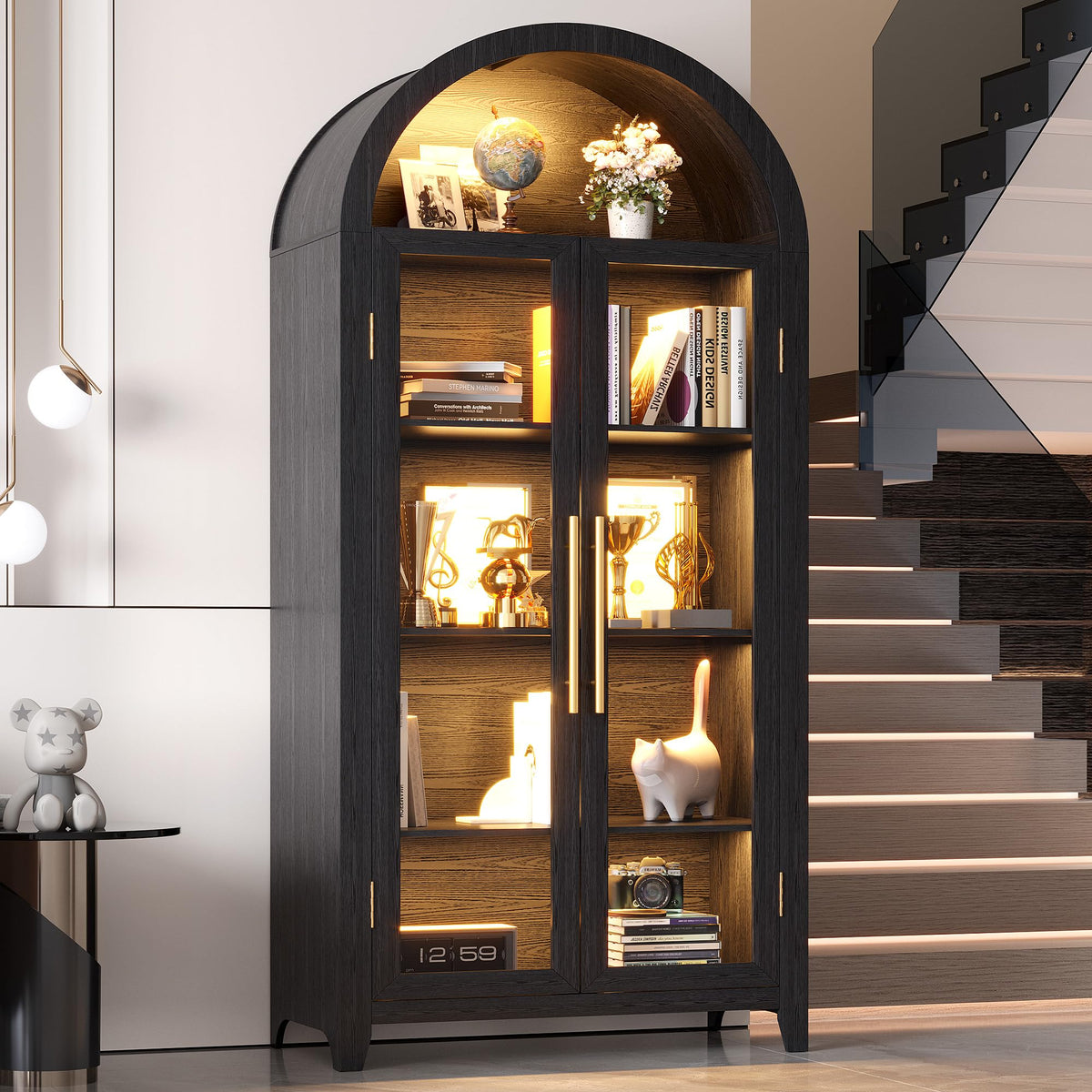 LVSOMT Arched Display Cabinet with Glass Doors and LED Light, 71” Tall