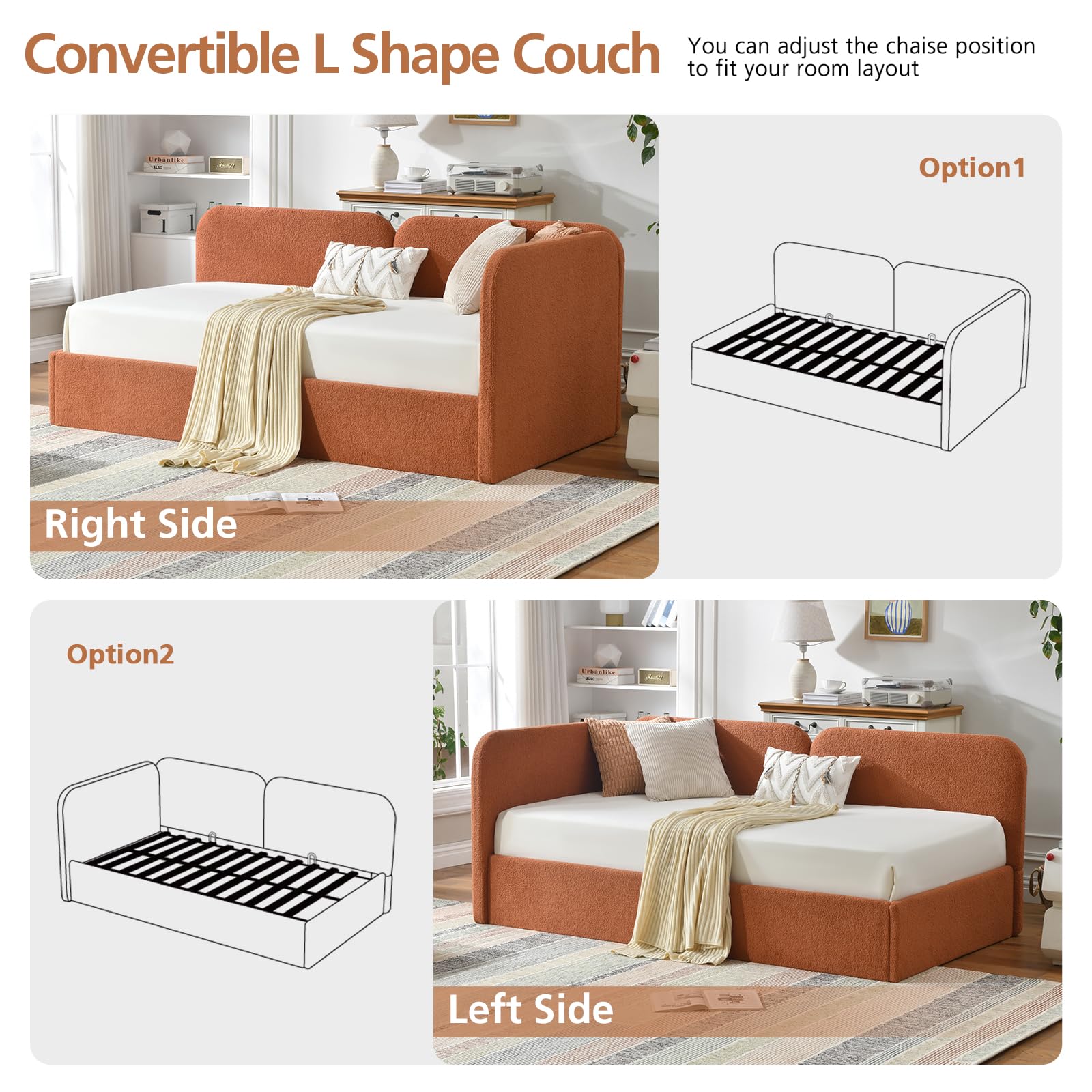 L-Shaped Upholstered Daybed with Lift-Up Storage