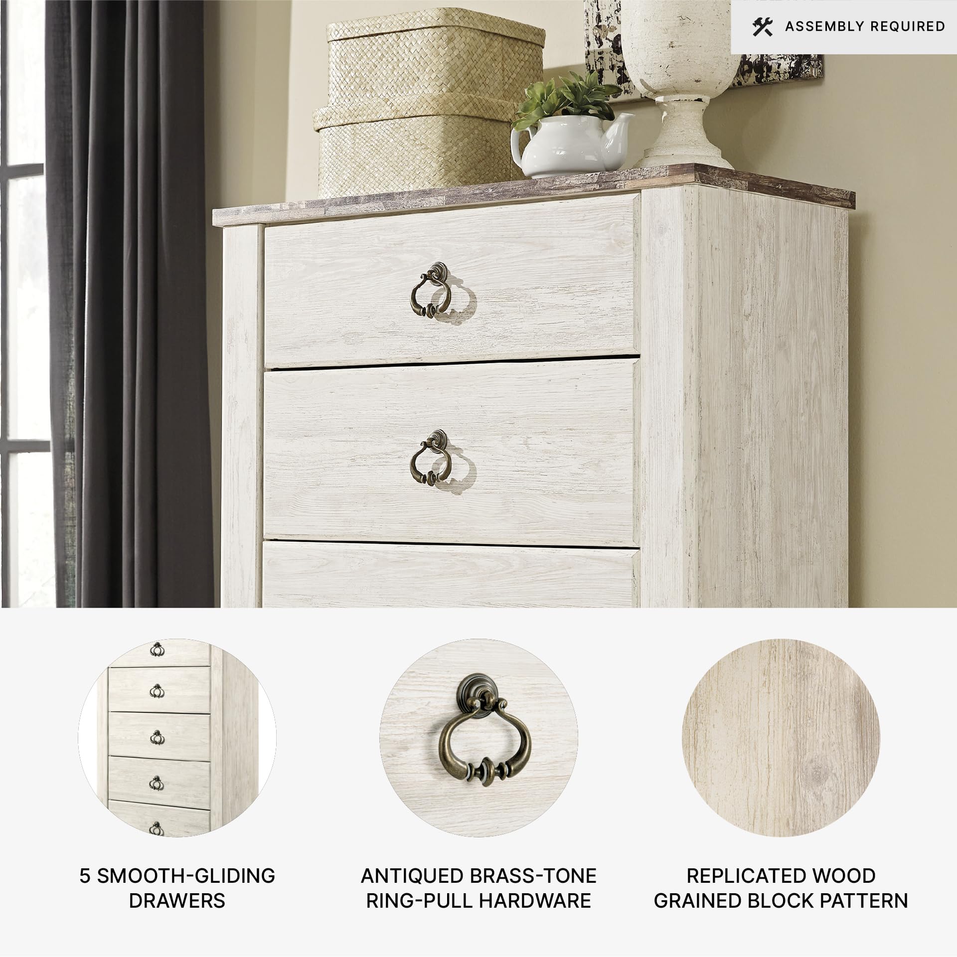 Signature Design by Ashley Willowton 5 Drawer Chest of Drawers, Two-tone Brown and Whitewash