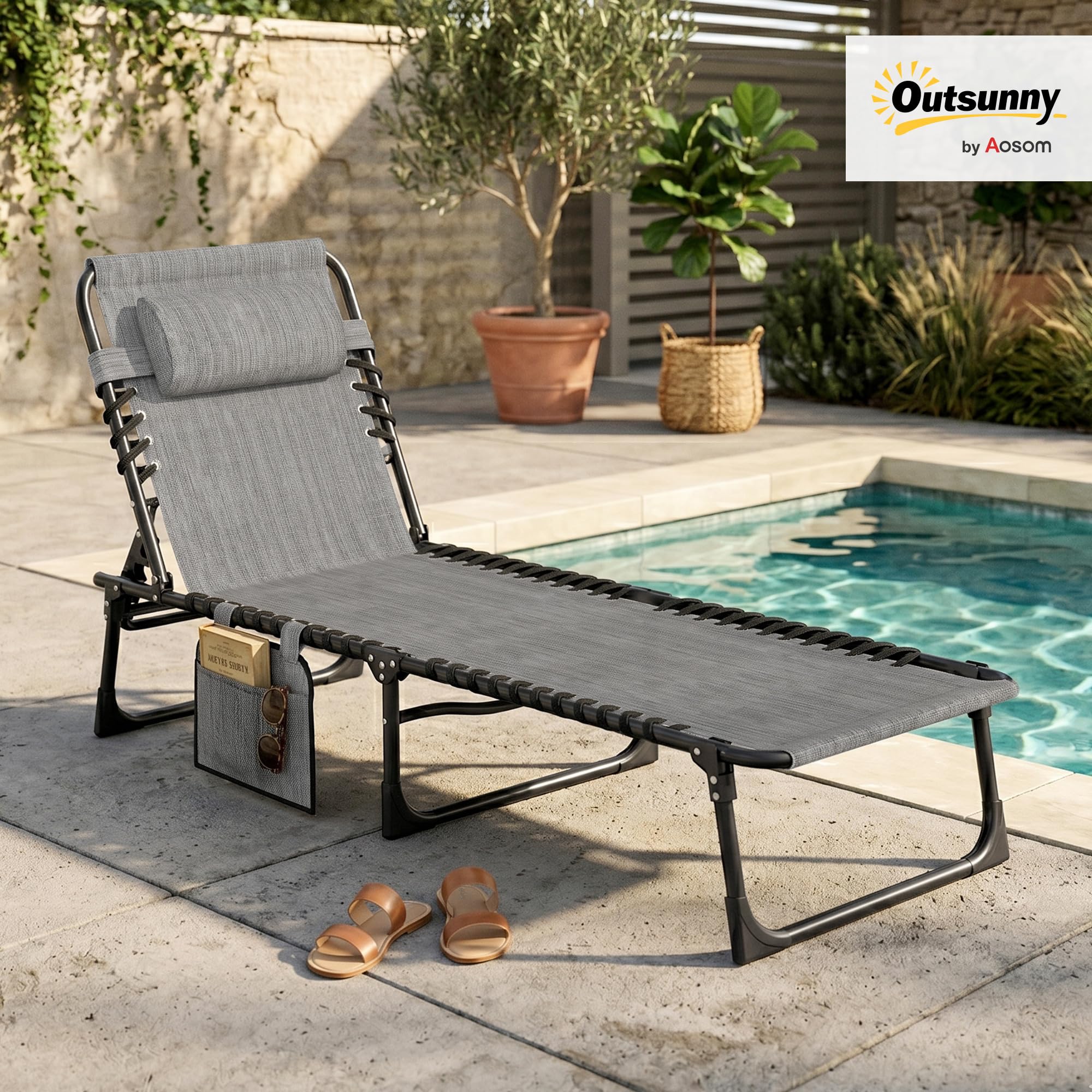 Outsunny Folding Chaise Lounge Chair Outdoor, Sun Tanning Chair with Side Pocket, Carrying Strap, Portable Patio Beach Lounger with 5-Position Reclining Back, Headrest for Pool, Camping, Yard, Gray