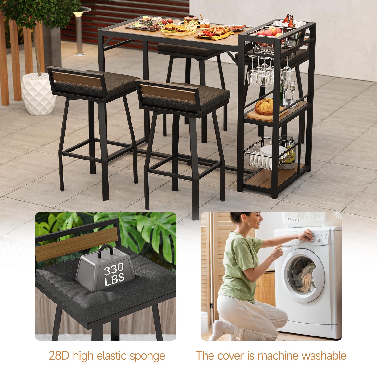5-Piece Outdoor Patio Bar Set with Storage Shelves & Swivel Stools