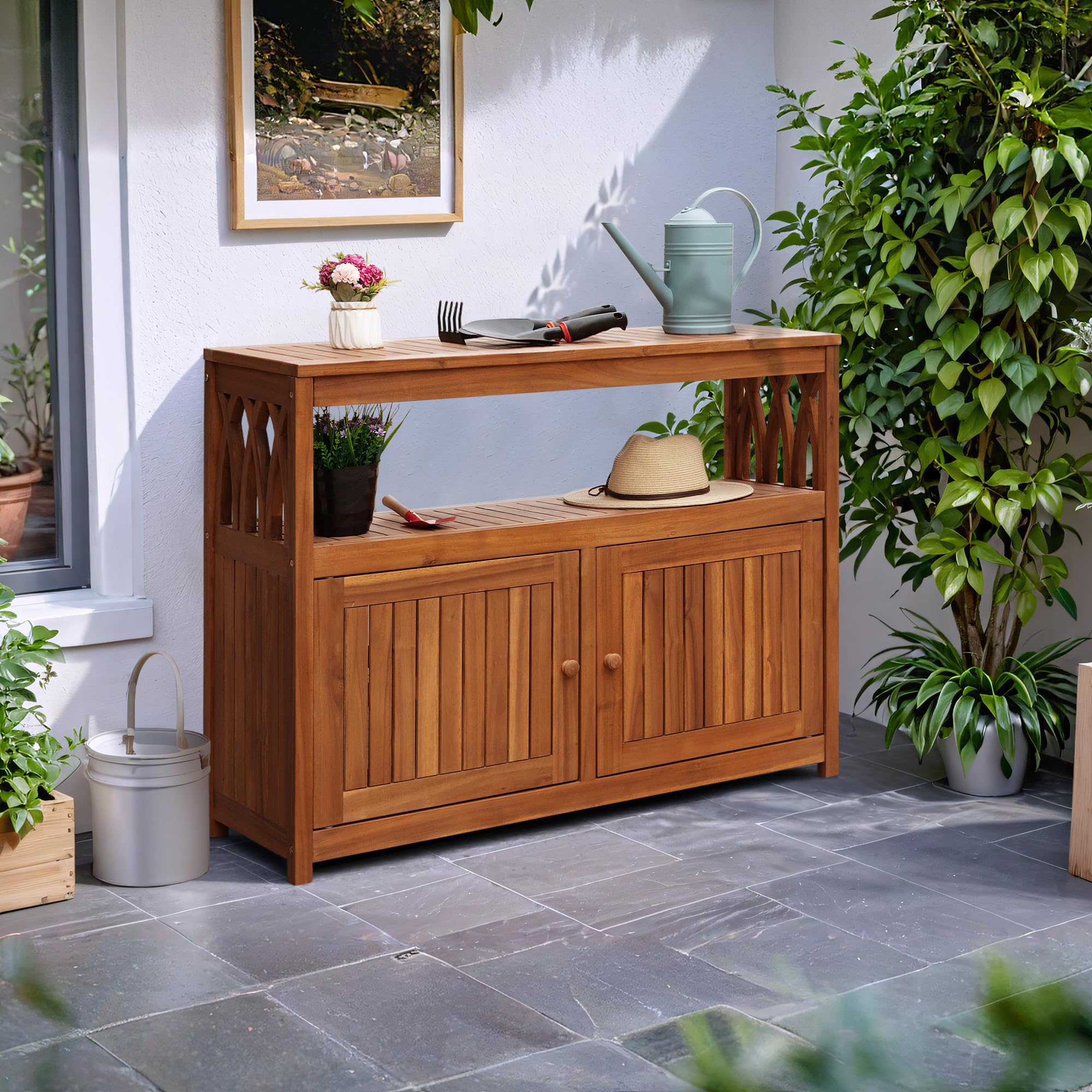 Acacia Wood Outdoor Storage Cabinet with 2 Magnetic Doors