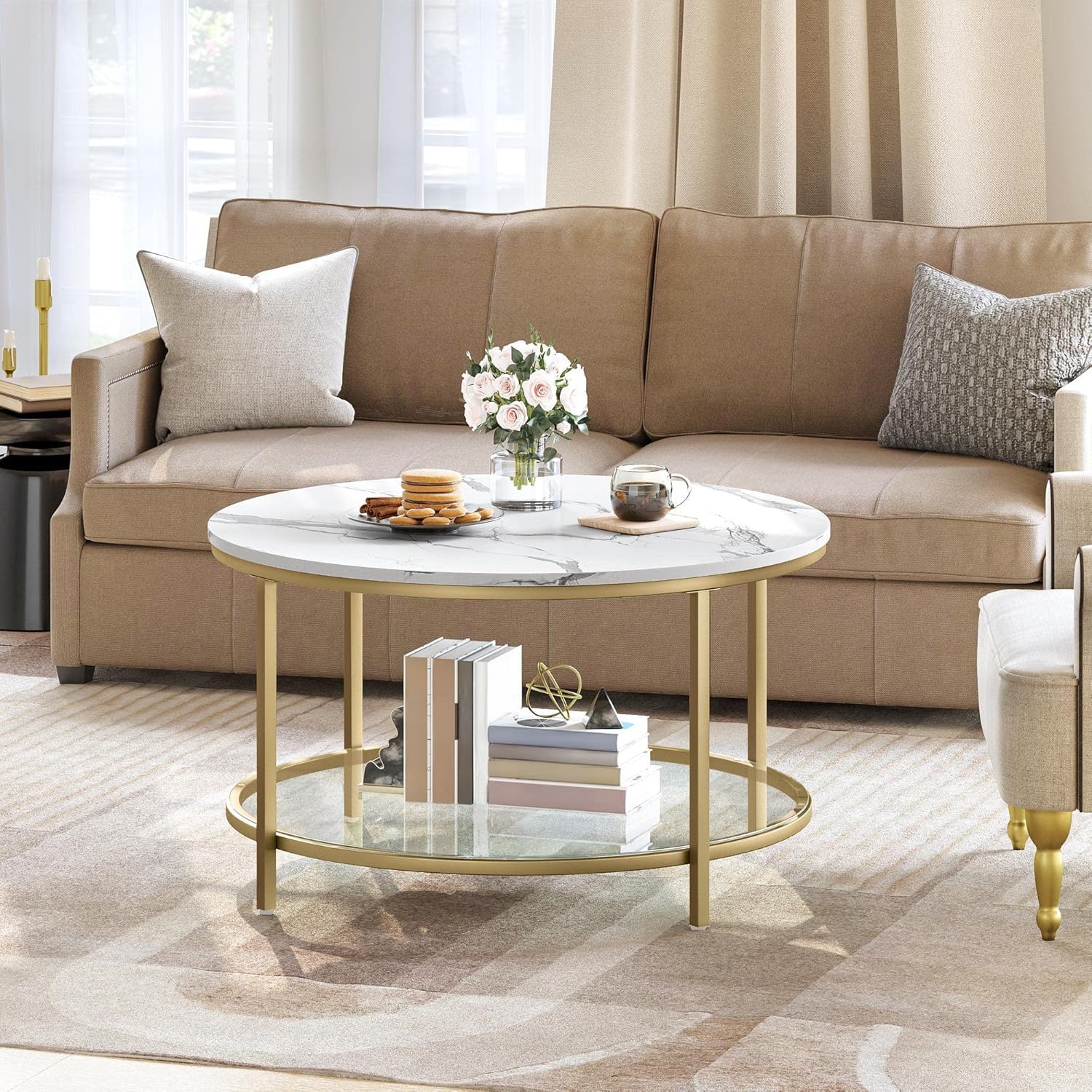 Round Marble Coffee Table with Glass Shelf