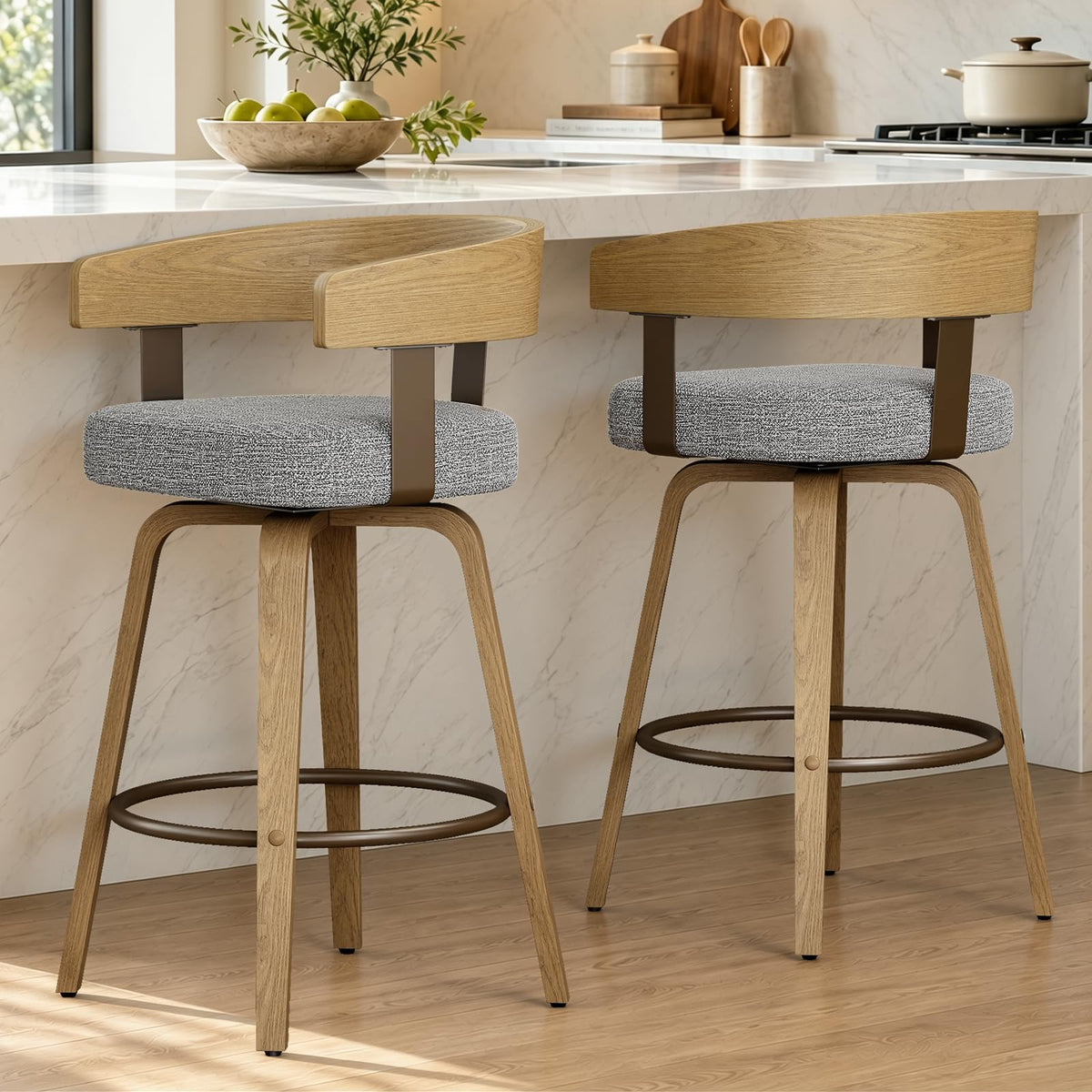REONEY Swivel Bar Stools Set of 2, 26" Counter Height Barstools, Grey Linen