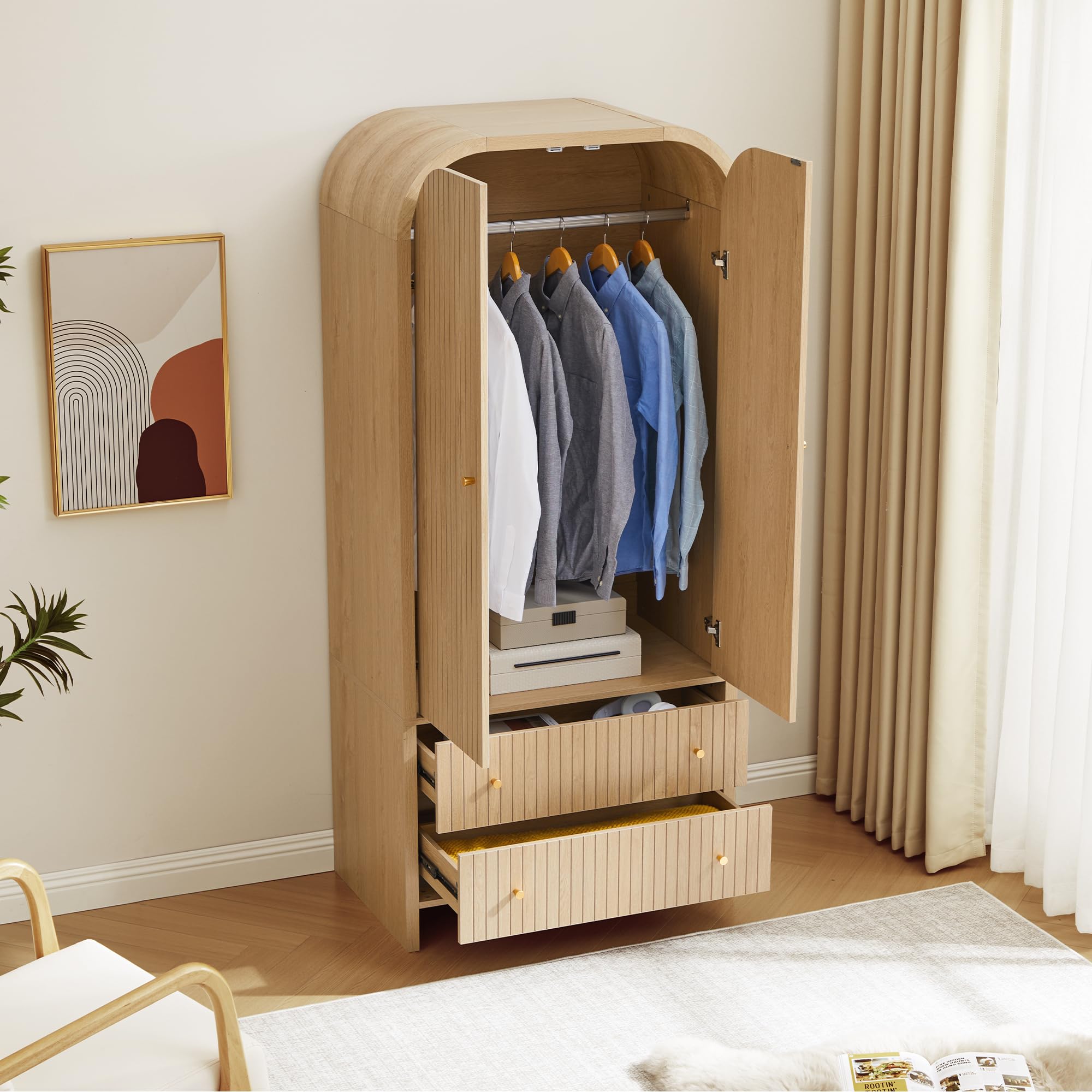 Arched Armoire Wardrobe Closet with Hanging Rod & 2 Drawers