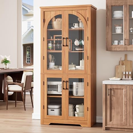 70" Arched Glass Door Kitchen Pantry Cabinet