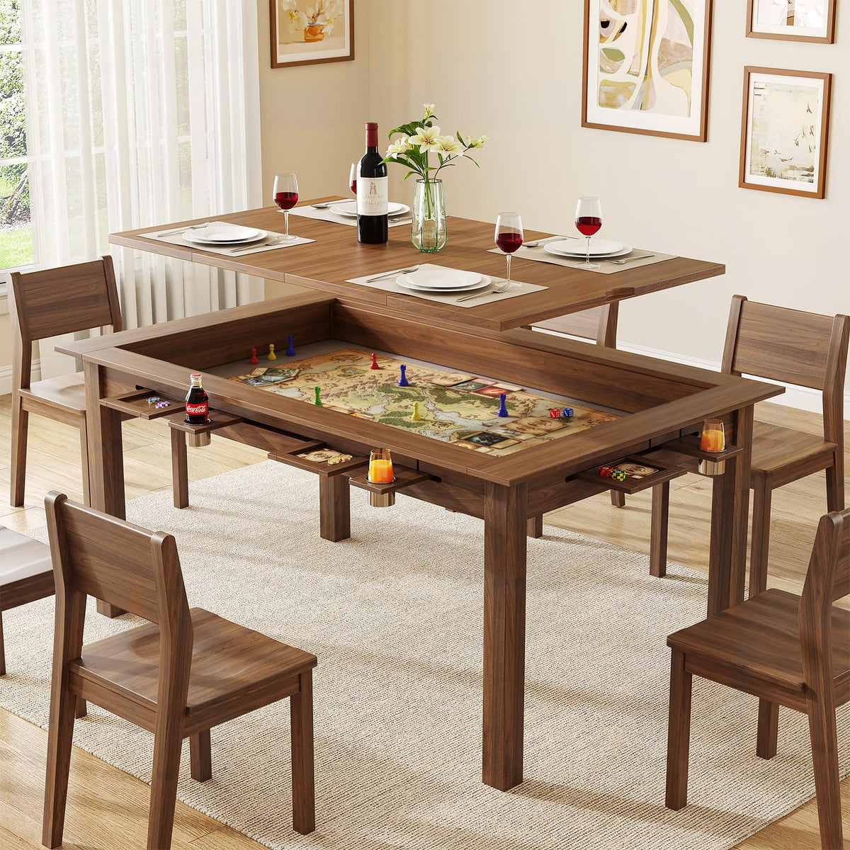 NDOHCUO Board Game Table with Removable Top,63" Dining/Gaming Table, Walnut