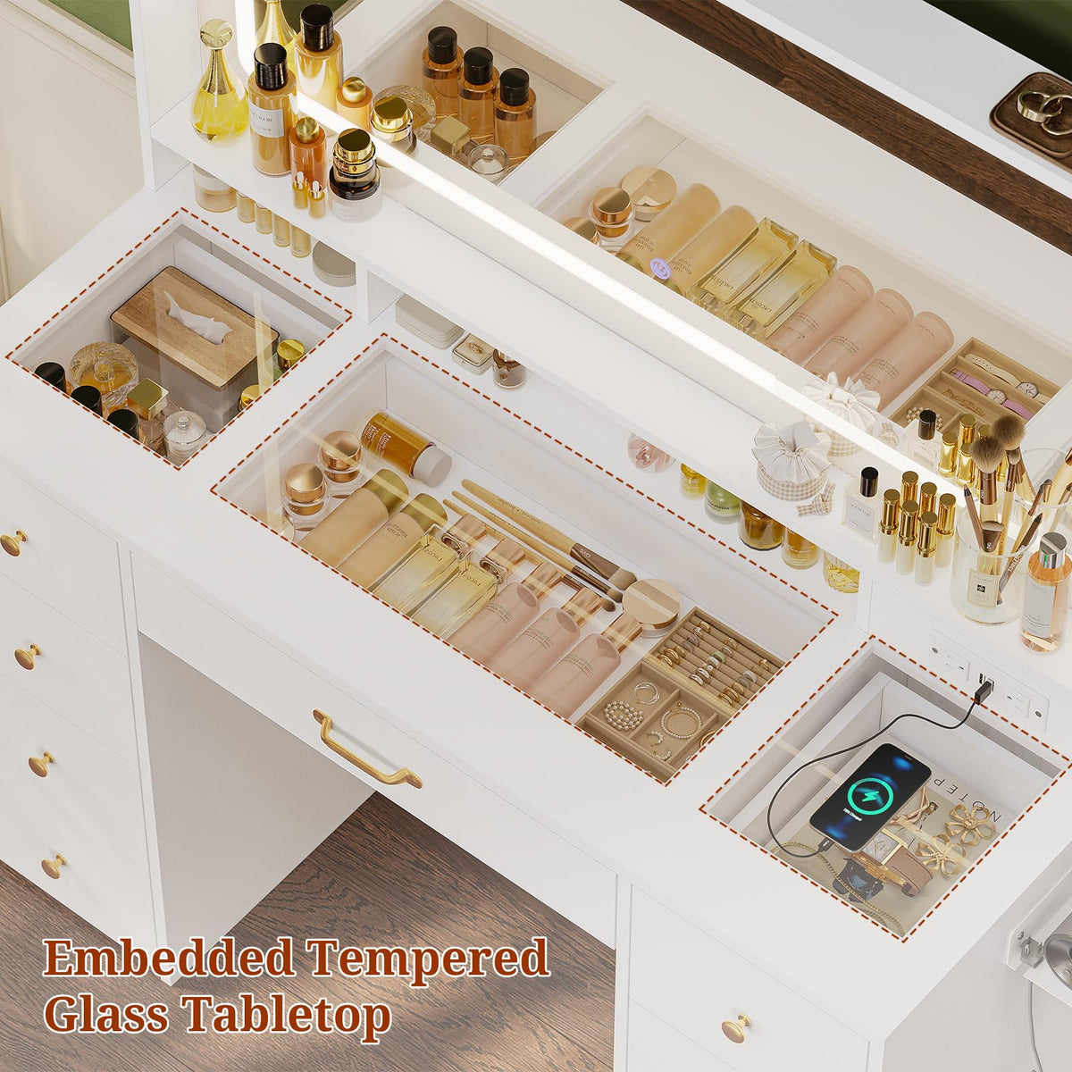 UPOSOJA 49.3“Large Vanity LED Mirror with Lights,Makeup Vanity Desk with 6 Drawers,Power Outlet,Glass Tabletop,Storage Shelf,Rolling Makeup Vanity,Hairdryer Rack,White