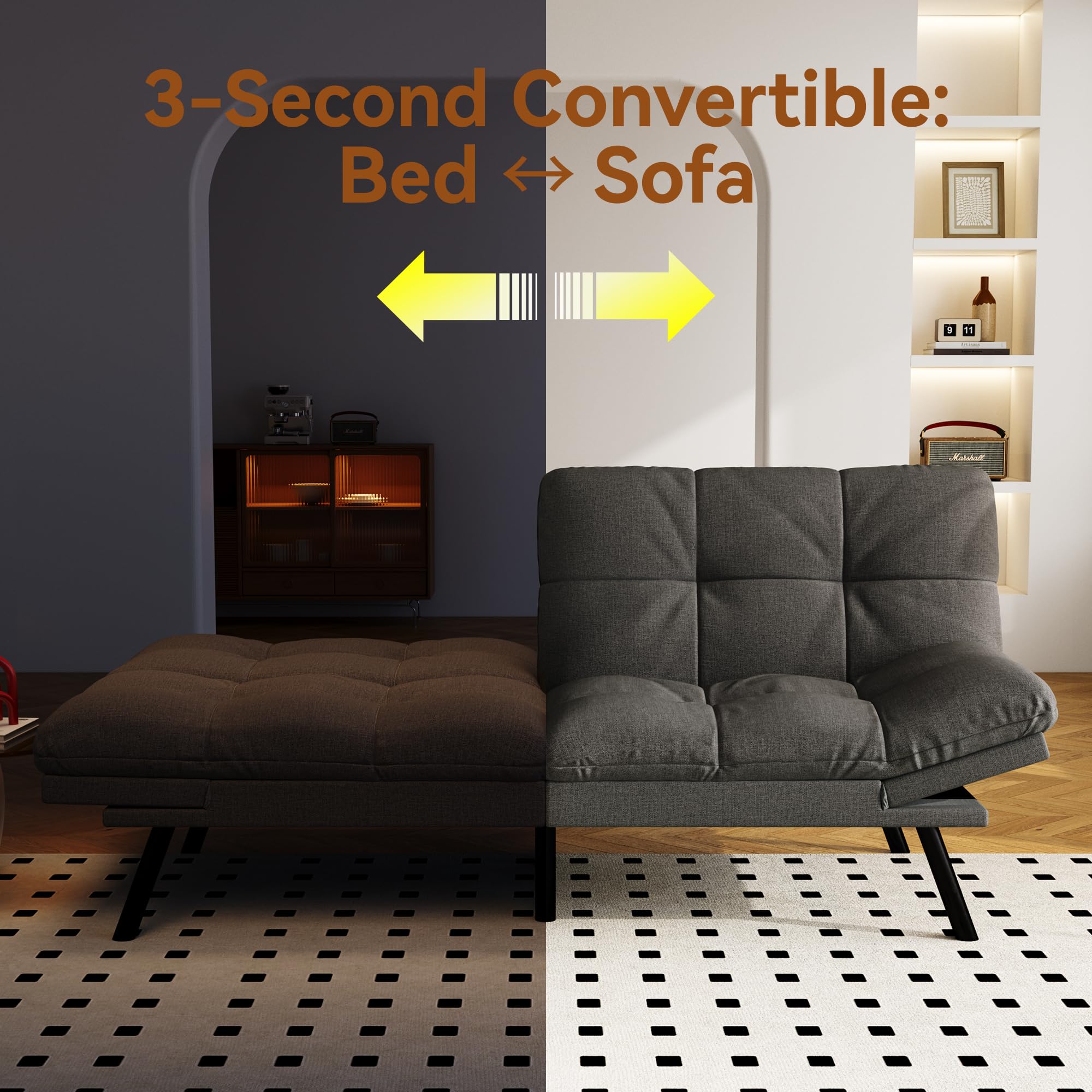 Convertible Futon Sofa Bed with Adjustable Backrest & Armrests