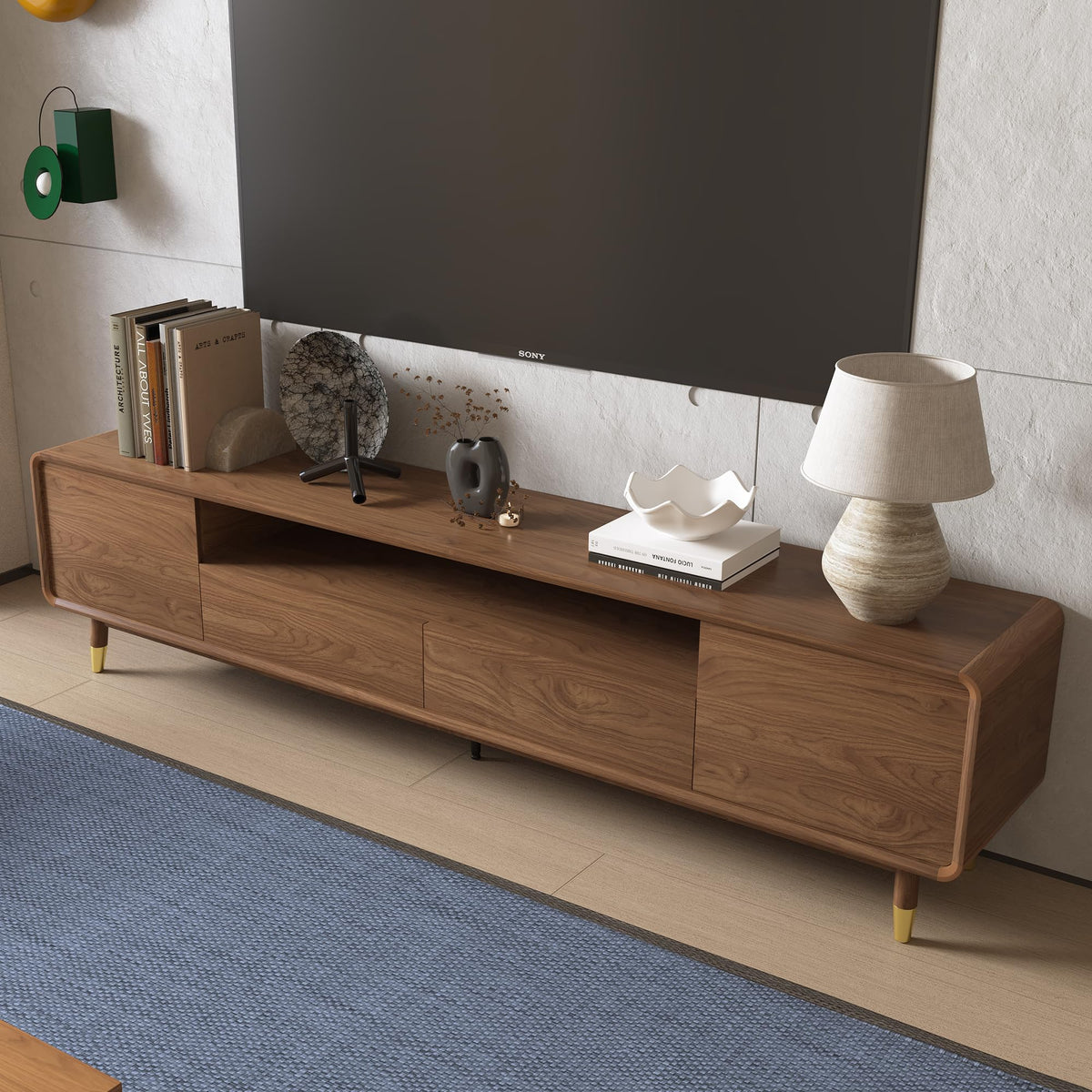 86.61" TV Stand for 85" TV, Media Console with Storage Drawers, Walnut