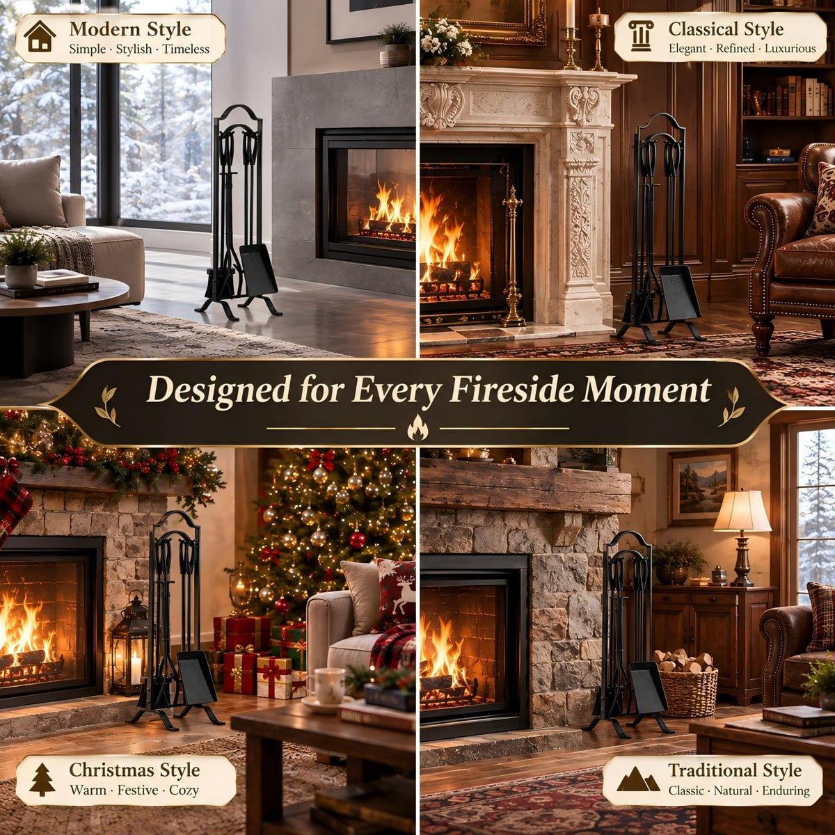 FEED GARDEN Fireplace Tools Set 5 Pcs with Stand, 29” Durable Wrought Iron