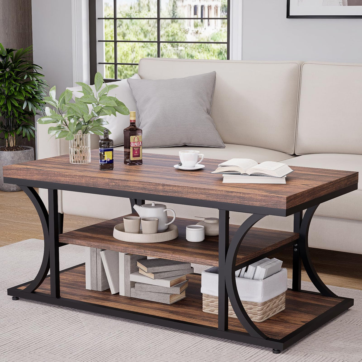 FUXJUM Coffee Table with Storage, 3-Tier Farmhouse Living Room Table