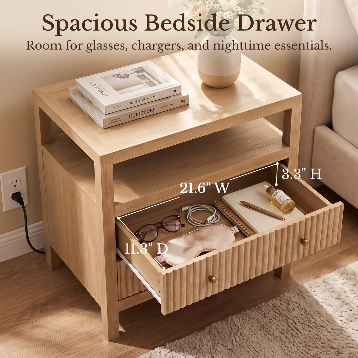 AURELIA LEVEAUX 26" Wide Natural Wood Fluted Charging Nightstands Set of 2