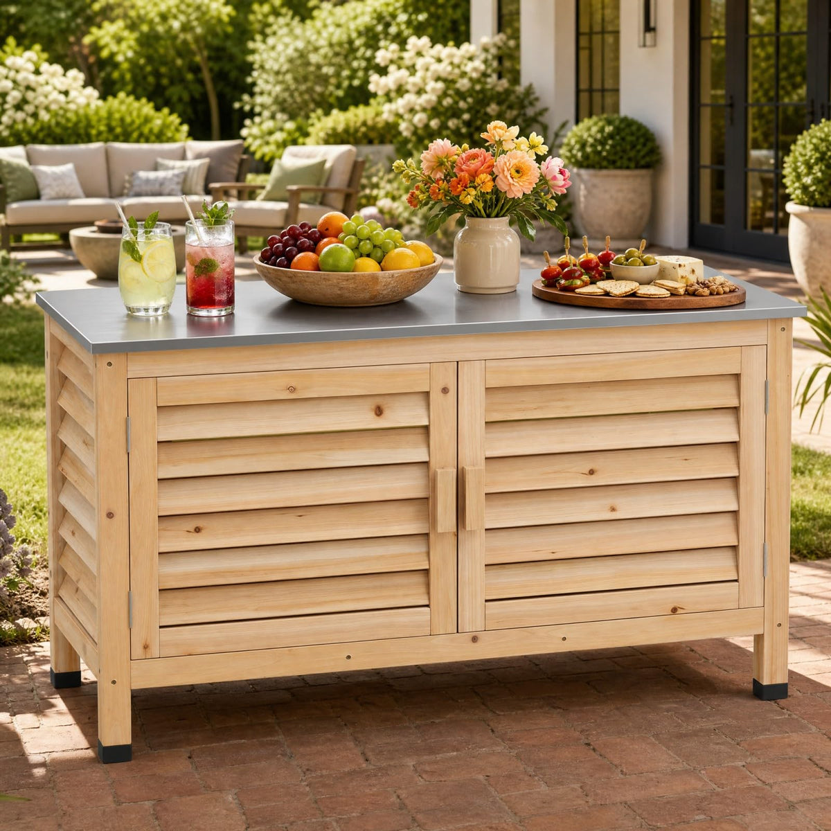 Goplus Patio Storage Cabinet, 2-Door Console Table (Natural)