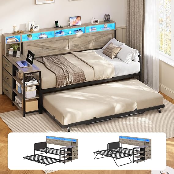 Twin Daybed with Trundle, Storage Drawers & LED Lights