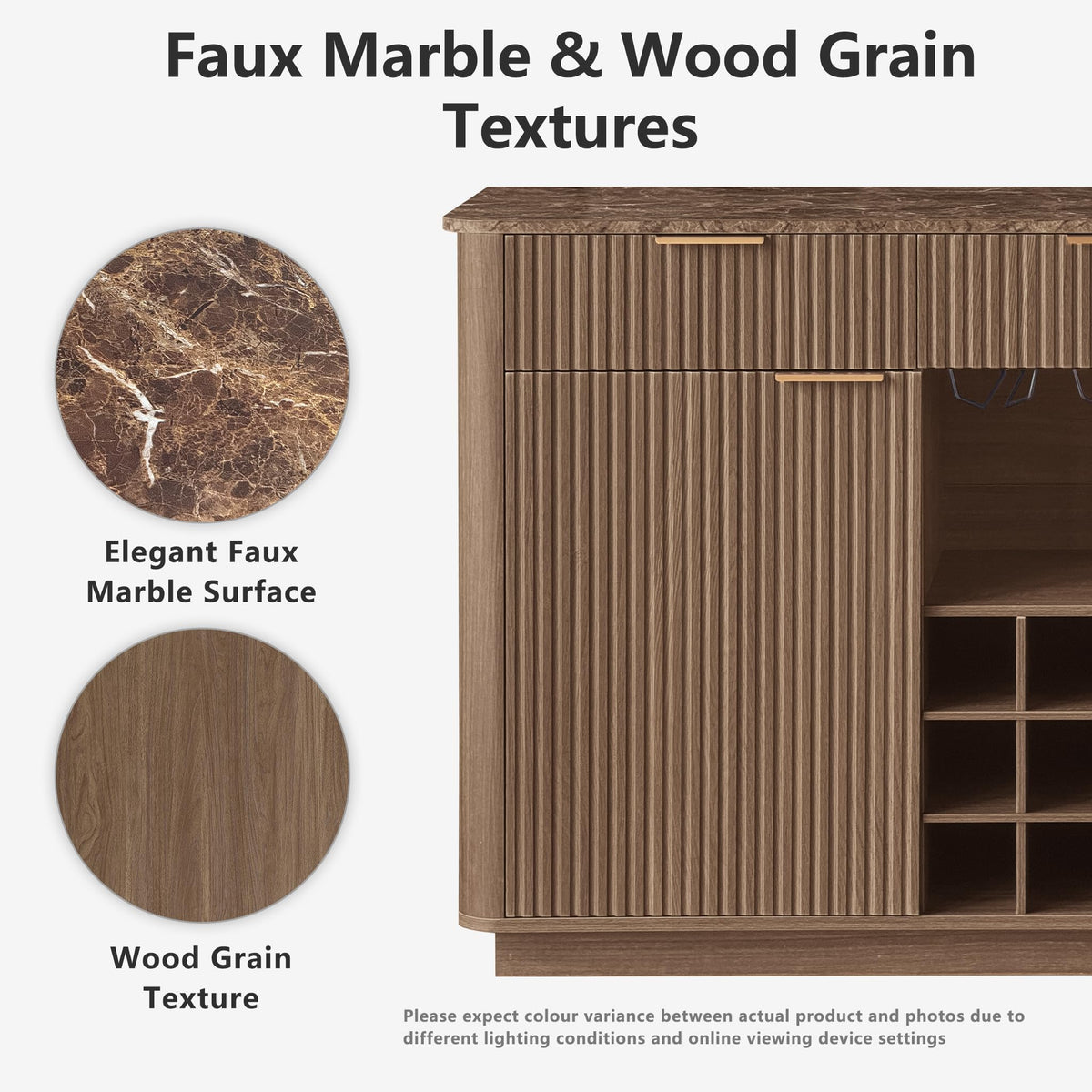 WIN2WIN 59" Fluted Sideboard, Wine Bar Cabinet with Faux Marble Top, Walnut