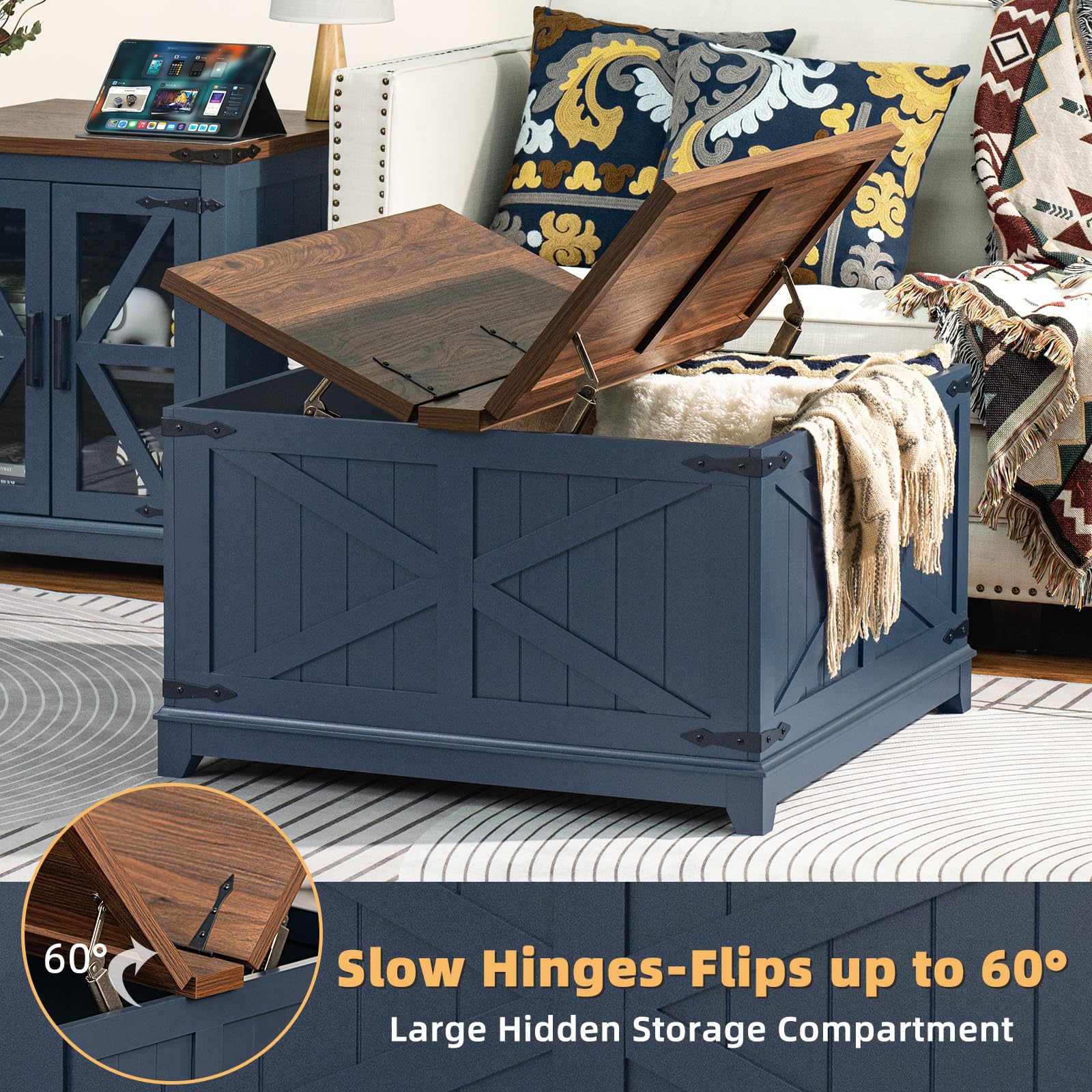 Joaxswe Farmhouse Coffee Table Set of 3, Narrow NightStands with Glass Barn Door Storage, Large Coffee Tables with Hidden Storage Organizer, Furniture Sets for Office, Living Room, Blue