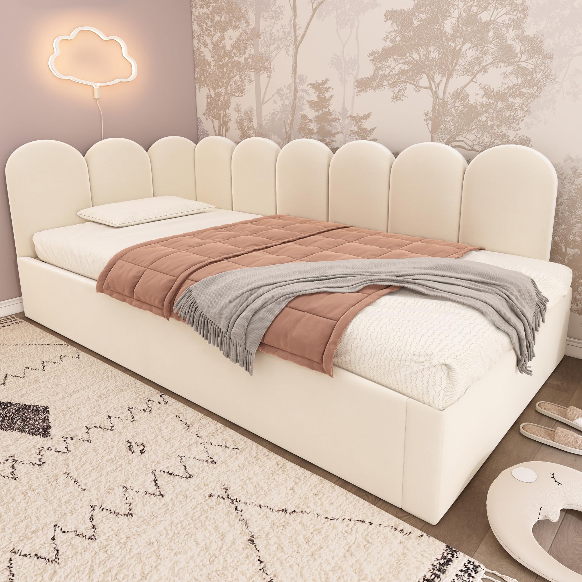 Ball & Cast Twin Size Daybed with Pull Out Trundle,Upholstered Platform Bed for Adults & Kids,Floor Sofa Daybed W/Metal Slat Support,Bedroom Furniture for Apartment,Guest Room,Living Room,Velvet,Beige