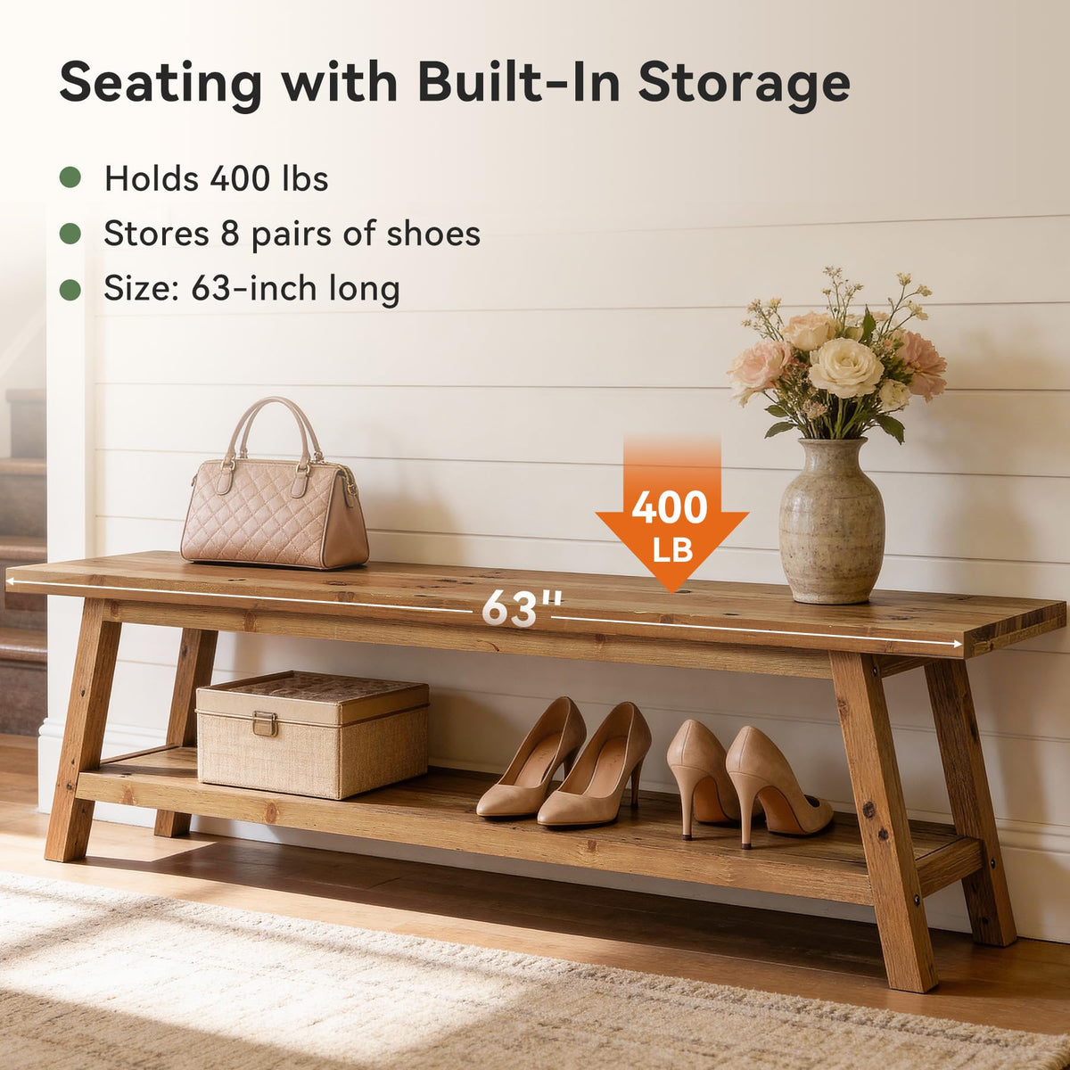 Solid Wood Entryway Storage Bench
