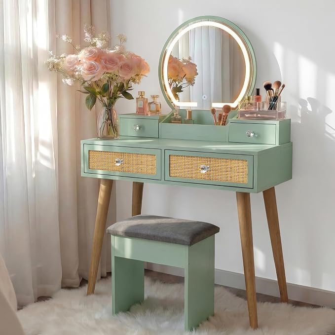 Rattan Vanity with LED Mirror