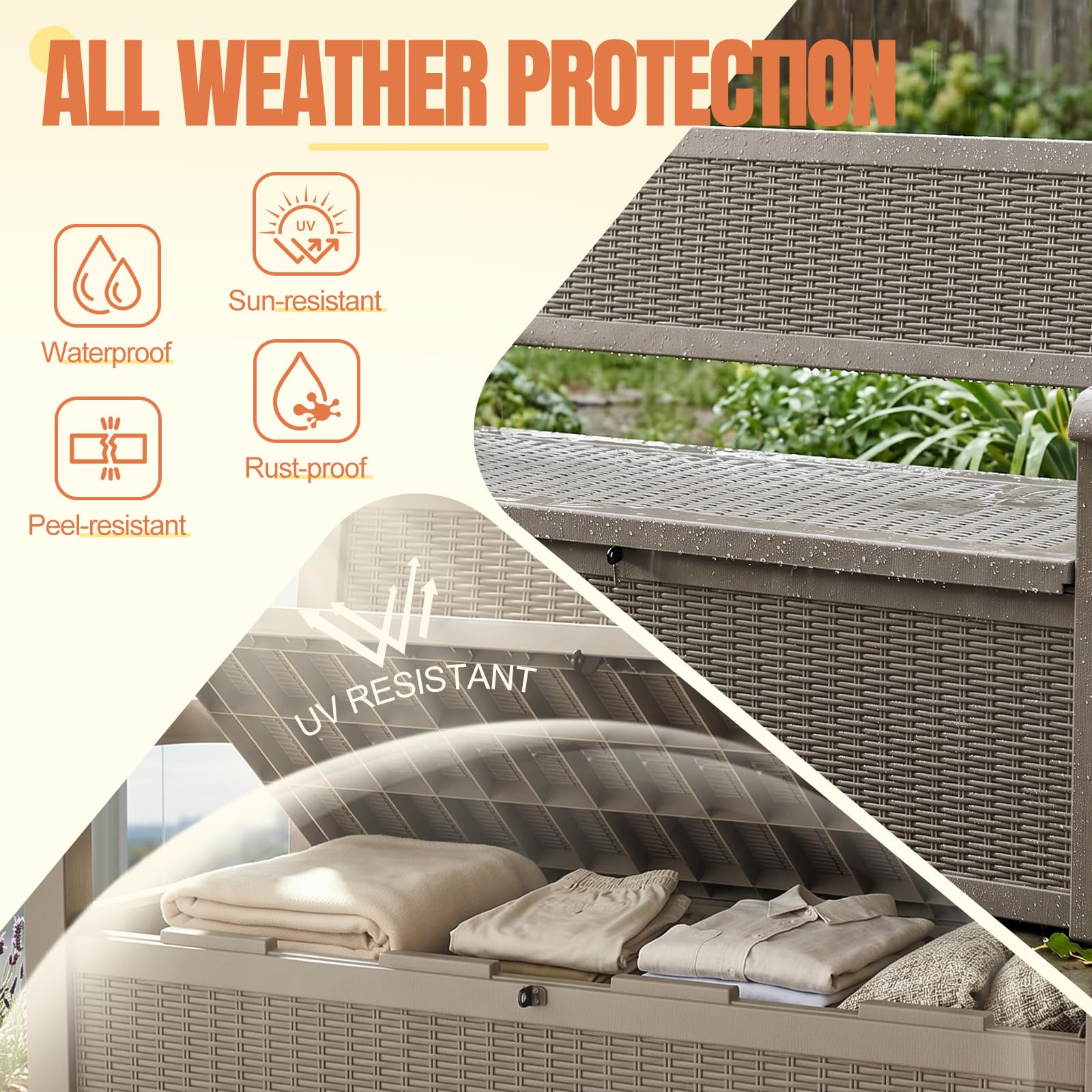 ATMELT Storage Bench Outdoor Deck Box,100 Gallon Waterproof & UV Resistant Lockable Patio Furniture Seating.Indoor/Outdoor Shoe Storage Cabinet for Garden Cushions,Tools,Patio,Pool Supplies(Taupe)