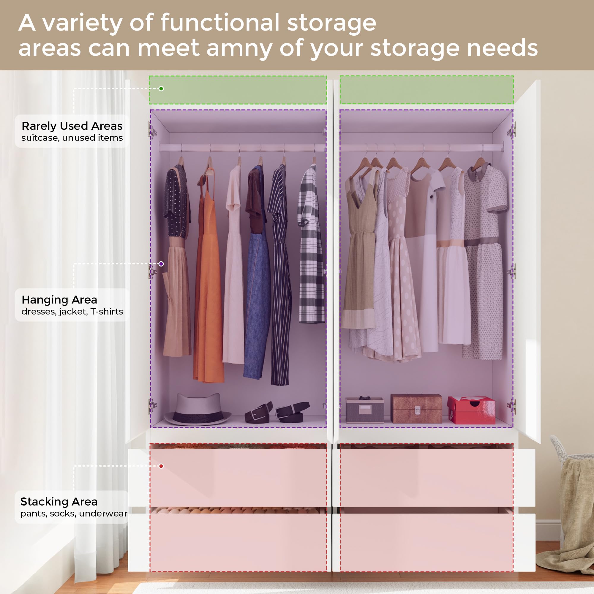 Armoire Wardrobe Closet with Drawers & Hanging Rod