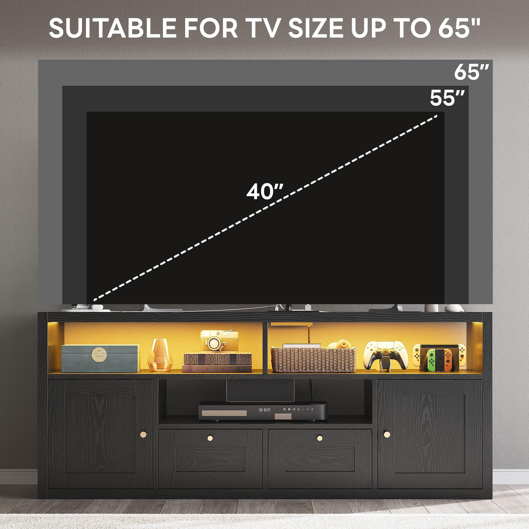 57" TV Stand with LED Lights & Charging Station