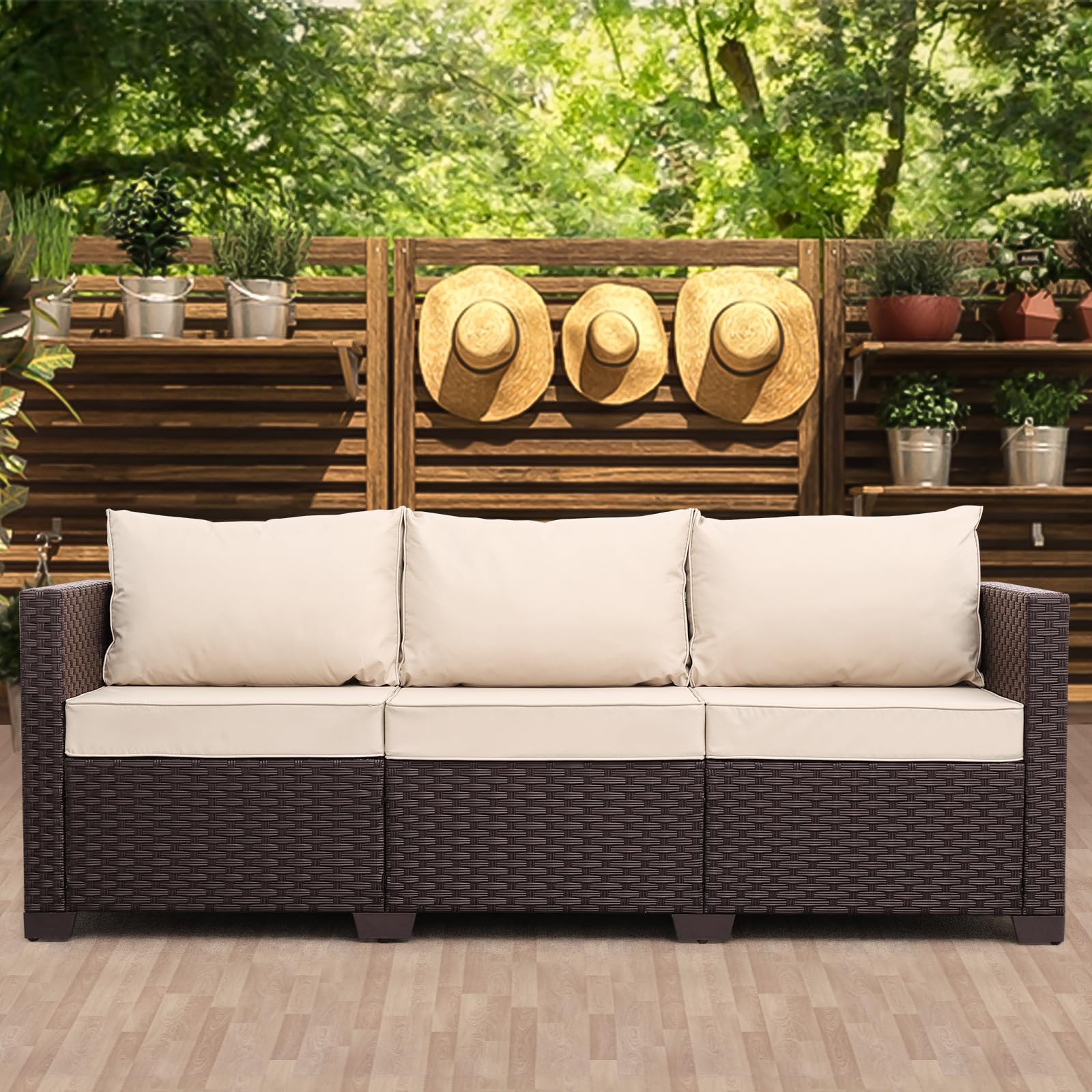 3-Seat Outdoor Wicker Sofa with Deep Seat & Non-Slip Cushions