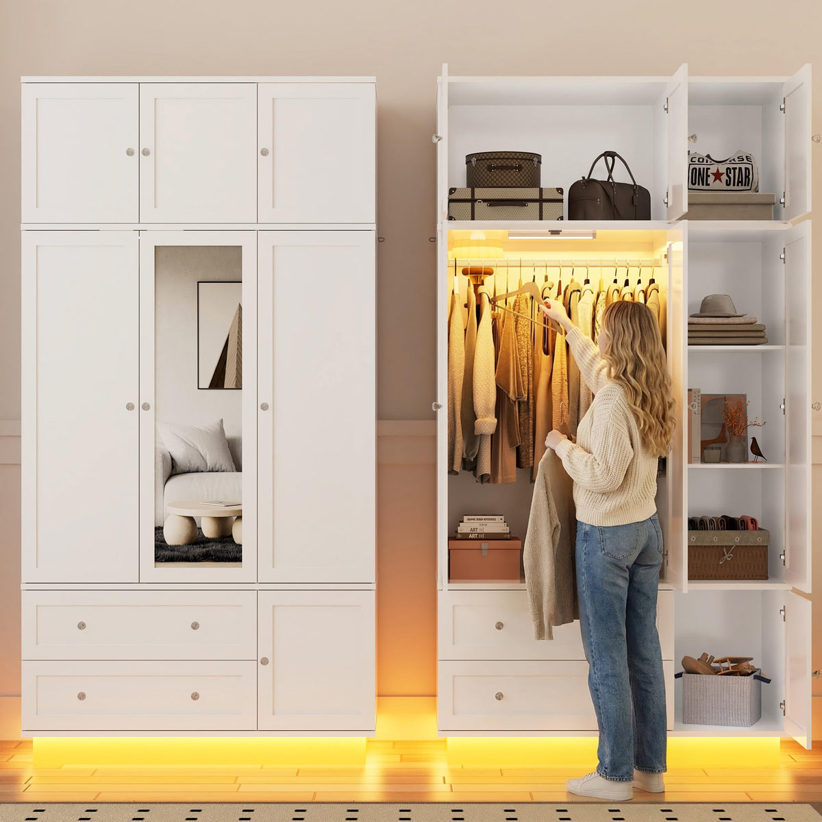 White Mirrored Wardrobe with LED Lighting