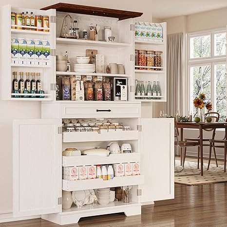 Farmhouse Kitchen Pantry Cabinet with Sliding Racks & Door Storage