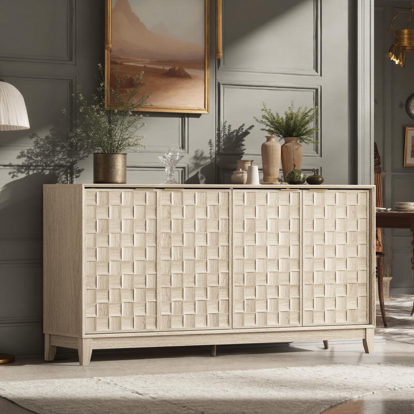 COLAMY Fluted Sideboard Cabinet with Storage – Solid Wood Buffet for Dining Room, Credenza Console with Adjustable Shelves, Walnut Finish, Mid Century Modern Style,Oak White