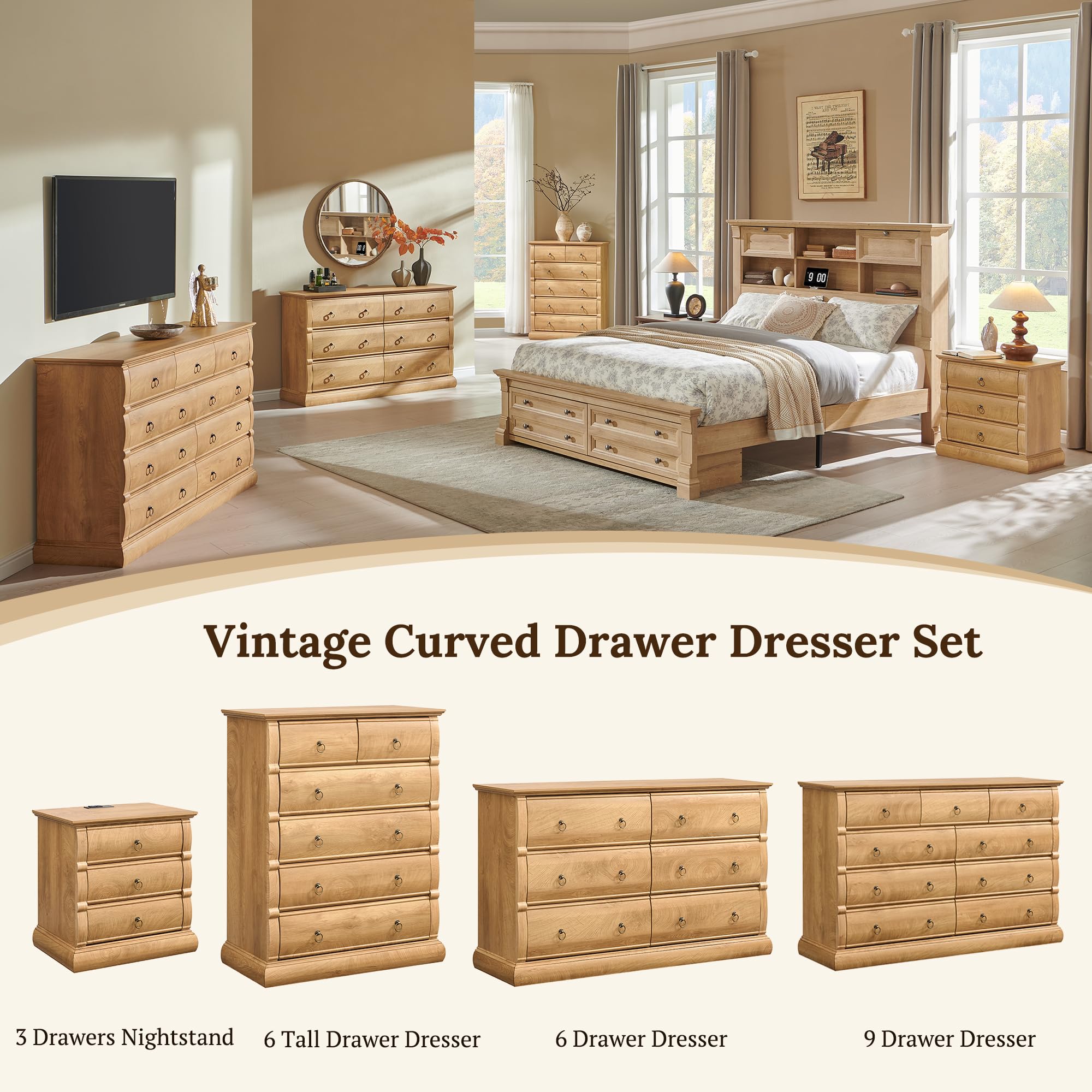 Vintage 3-Drawer Nightstand with Charging Station