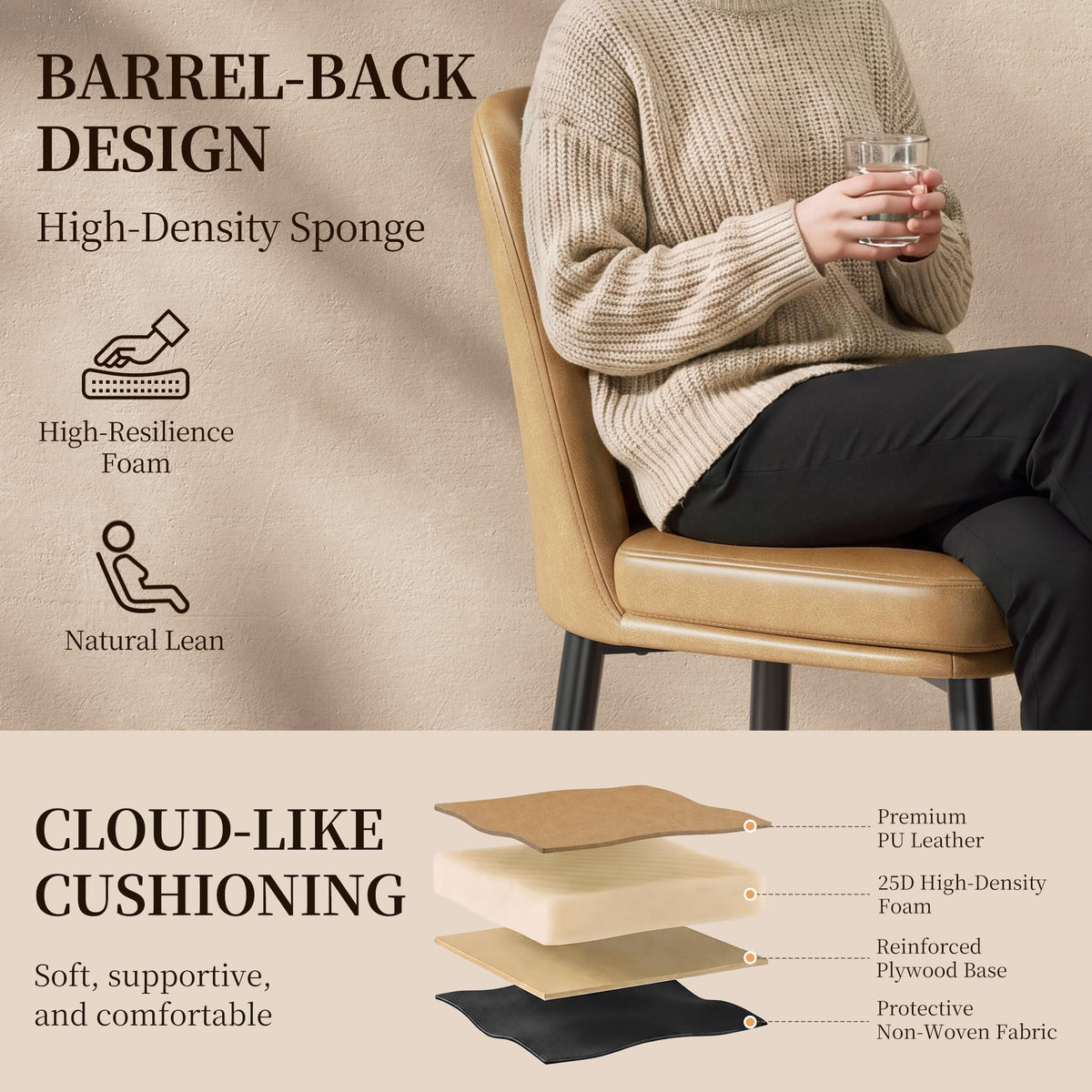 MALOL Leather Dining Chairs Set of 4 with Curved Backrest, Brown